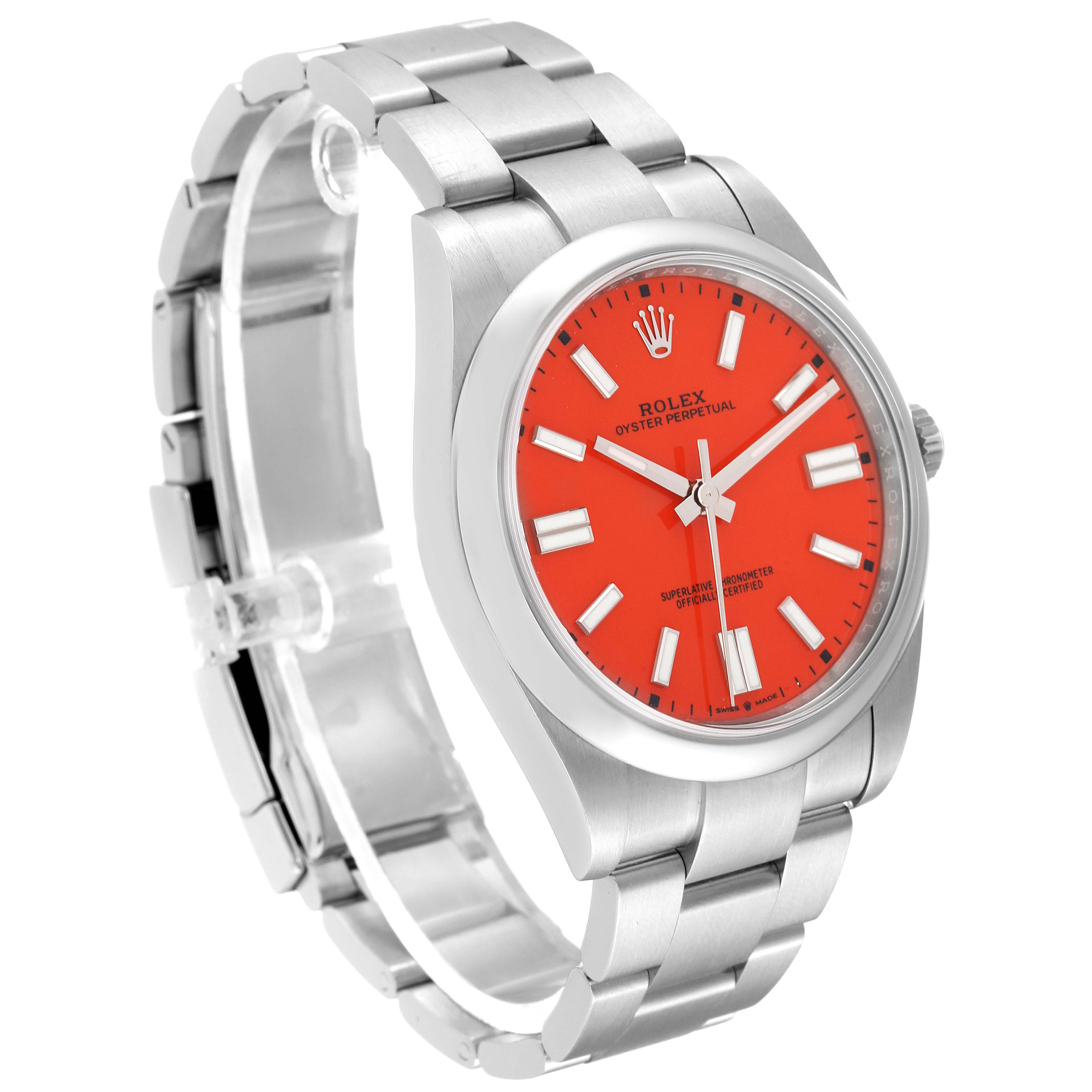 This image shows a Rolex Oyster Perpetual 124300 Men
s Stainless Steel Red Dial 124300 Men
s Stainless Steel Red Dial watch at a 3/4 angle, highlighting its bracelet, case, and red dial with hour markers.