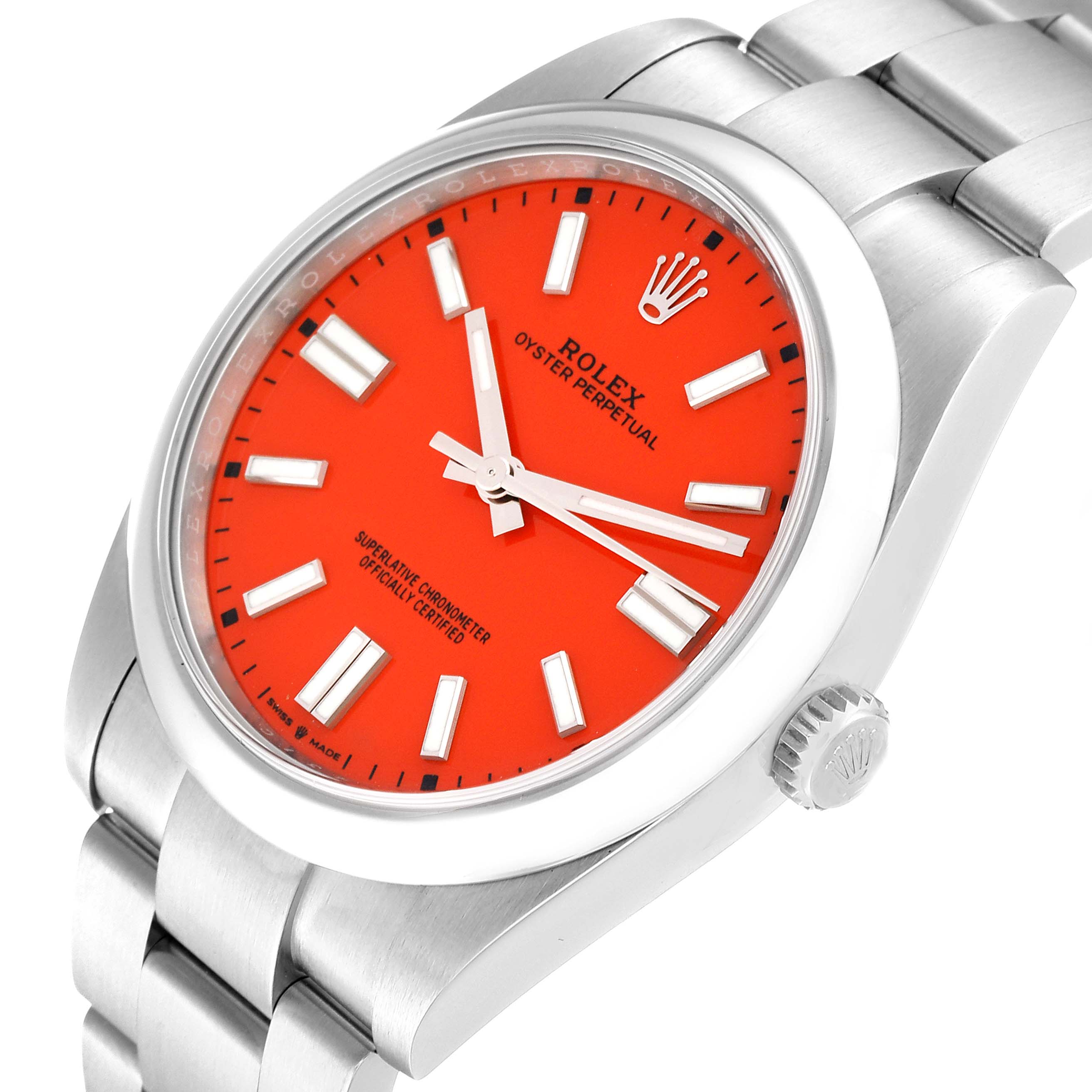 The Rolex Oyster Perpetual 124300 Men
s Stainless Steel Red Dial 124300 Men
s Stainless Steel Red Dial watch is shown from an angled top view, highlighting its bright orange dial and stainless steel bracelet.