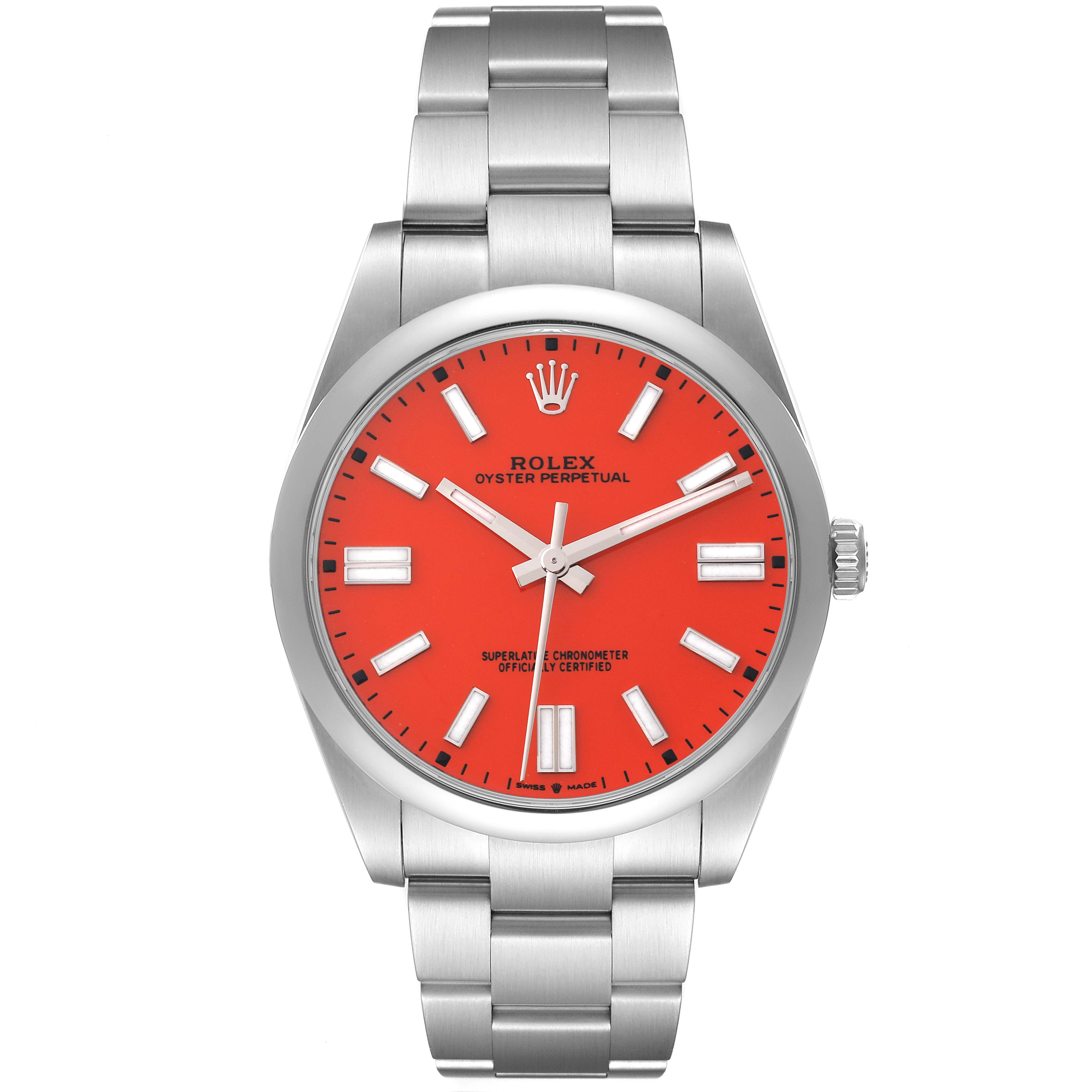 The image shows a front view of the Rolex Oyster Perpetual 124300 Men
s Stainless Steel Red Dial 124300 Men
s Stainless Steel Red Dial watch, featuring a red dial and stainless steel bracelet.