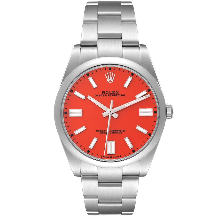 Rolex Oyster Perpetual 41mm Coral Red Dial Steel Mens Watch 124300 Box Card SwissWatchExpo