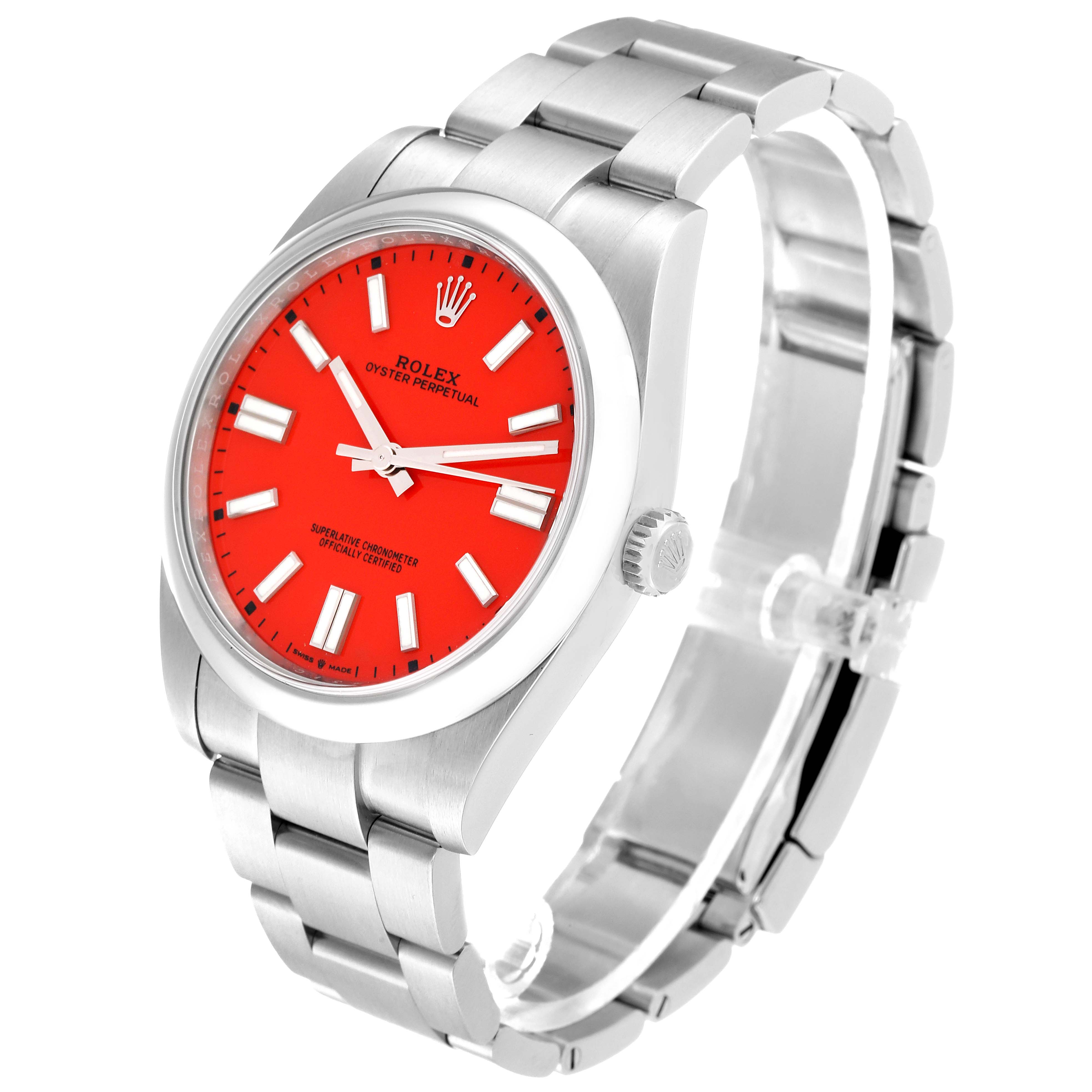 The image shows a side angle view of a Rolex Oyster Perpetual 124300 Men
s Stainless Steel Red Dial 124300 Men
s Stainless Steel Red Dial watch with a red dial and stainless steel bracelet.
