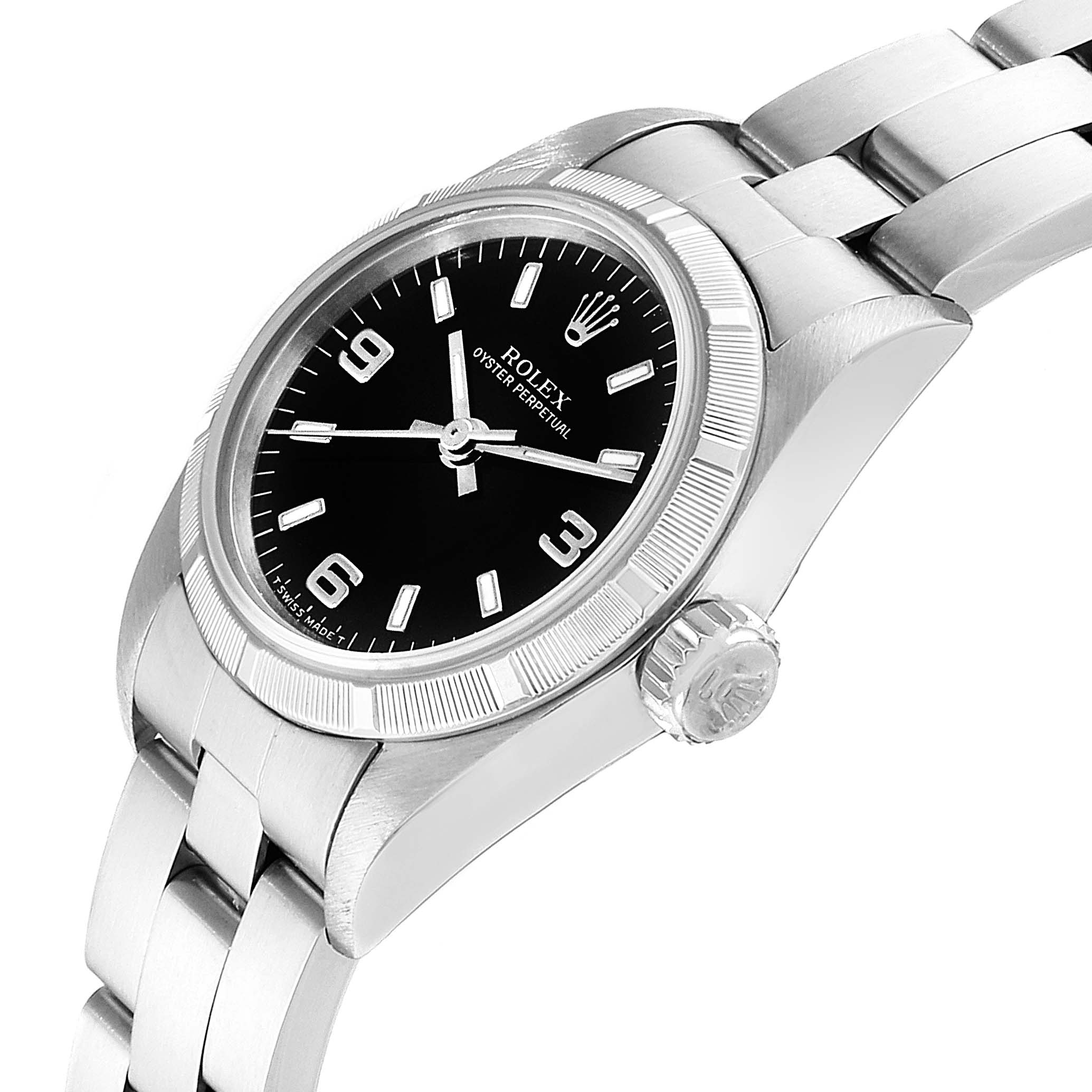 The image shows a side and angled close-up of a Rolex Oyster Perpetual 67230 Women
s Stainless Steel Black Dial 67230 Women
s Stainless Steel Black Dial watch, highlighting the dial, crown, and part of the bracelet.