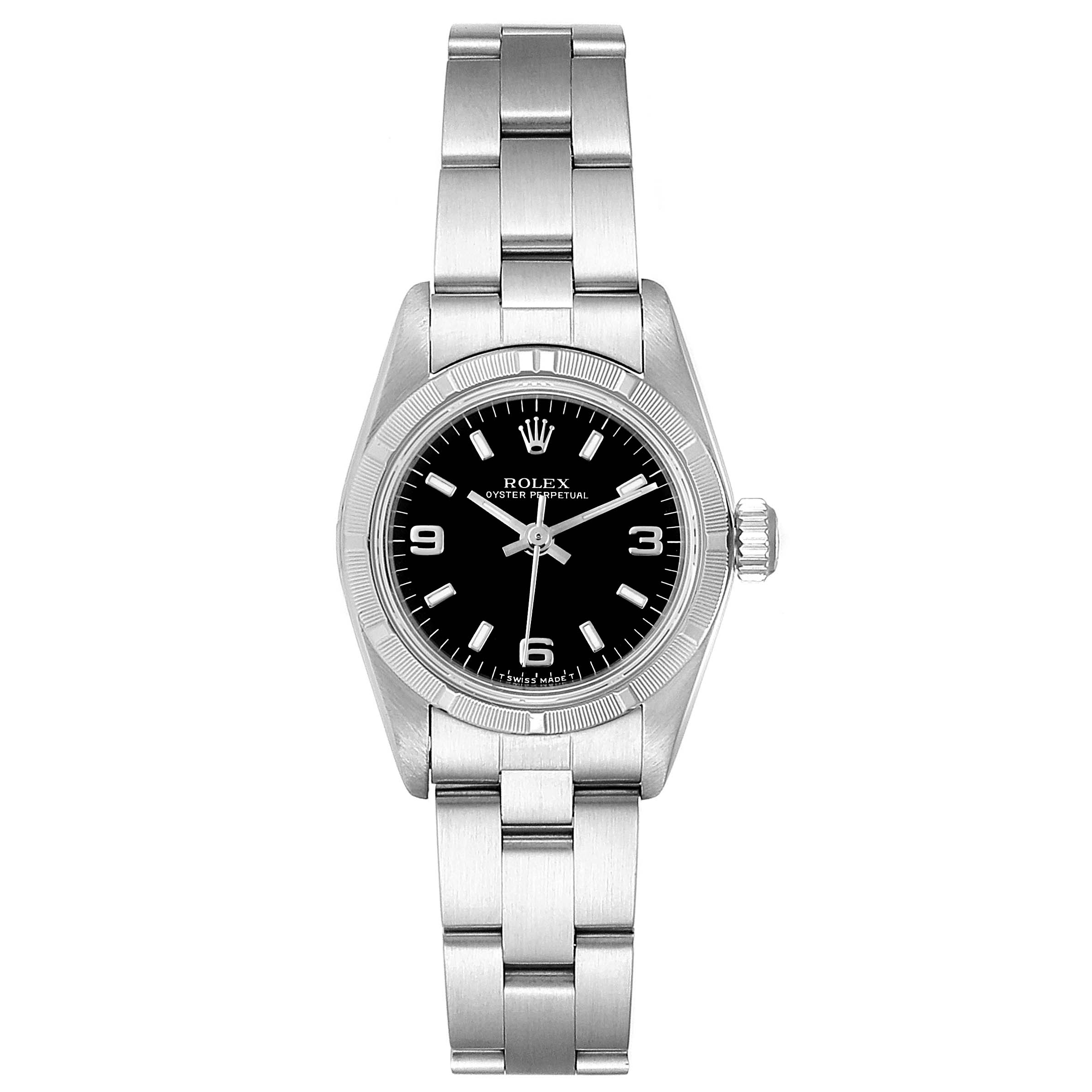 The image shows a front view of a Rolex Oyster Perpetual 67230 Women
s Stainless Steel Black Dial 67230 Women
s Stainless Steel Black Dial, displaying the black dial, bezel, and bracelet.