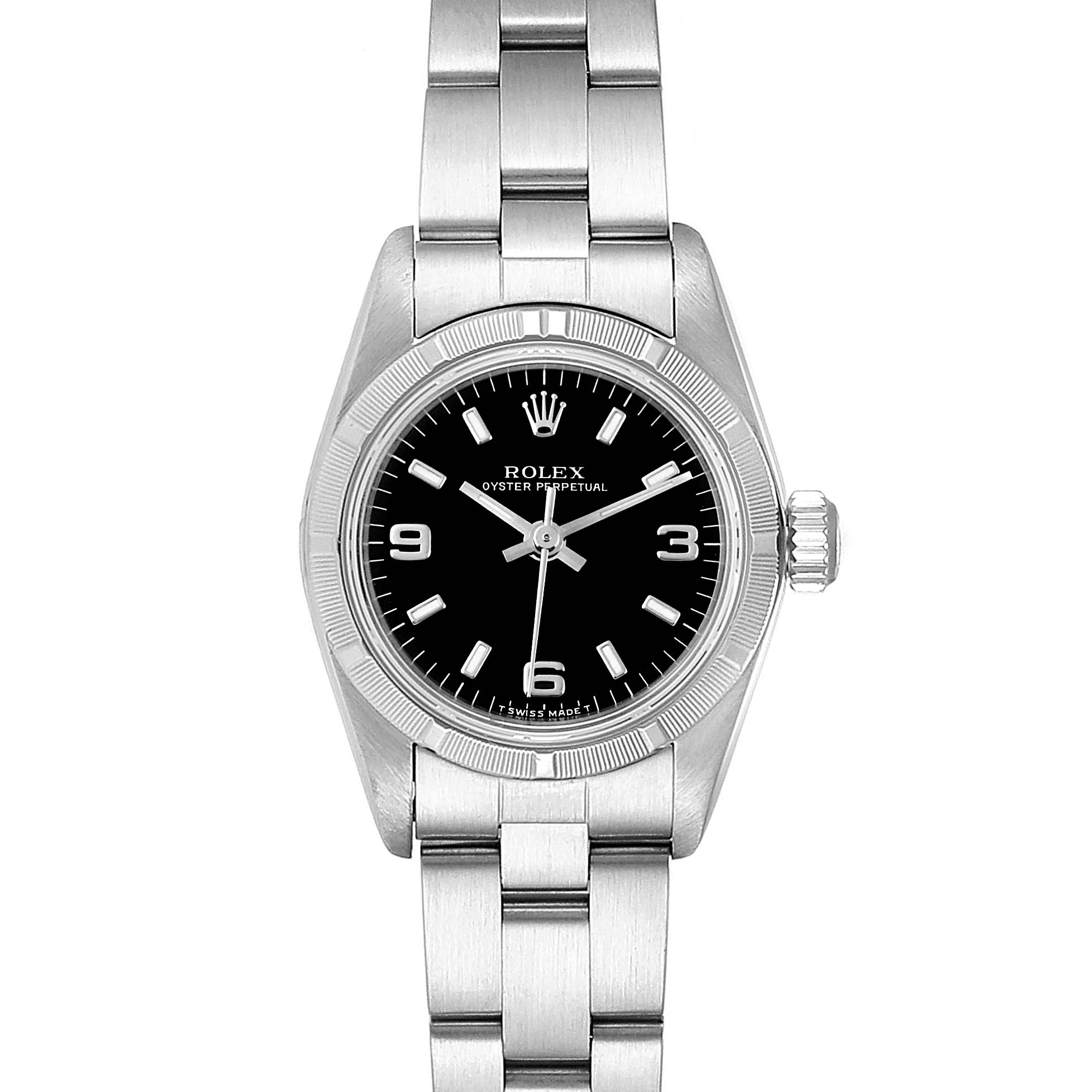The image shows a front view of a Rolex Oyster Perpetual 67230 Women
s Stainless Steel Black Dial 67230 Women
s Stainless Steel Black Dial watch with its bracelet, bezel, dial, and crown visible.