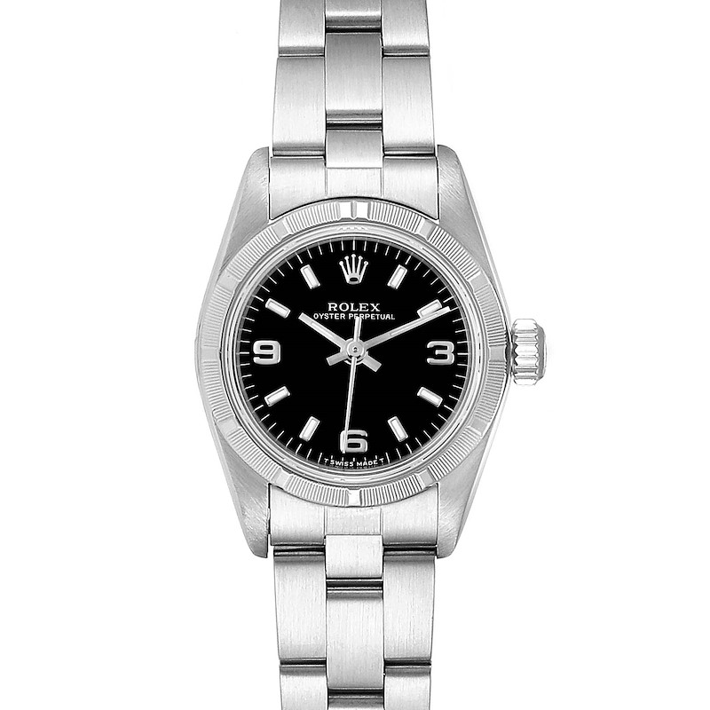 Rolex Oyster Perpetual Black Dial Oyster Bracelet Ladies Watch 67230 SwissWatchExpo