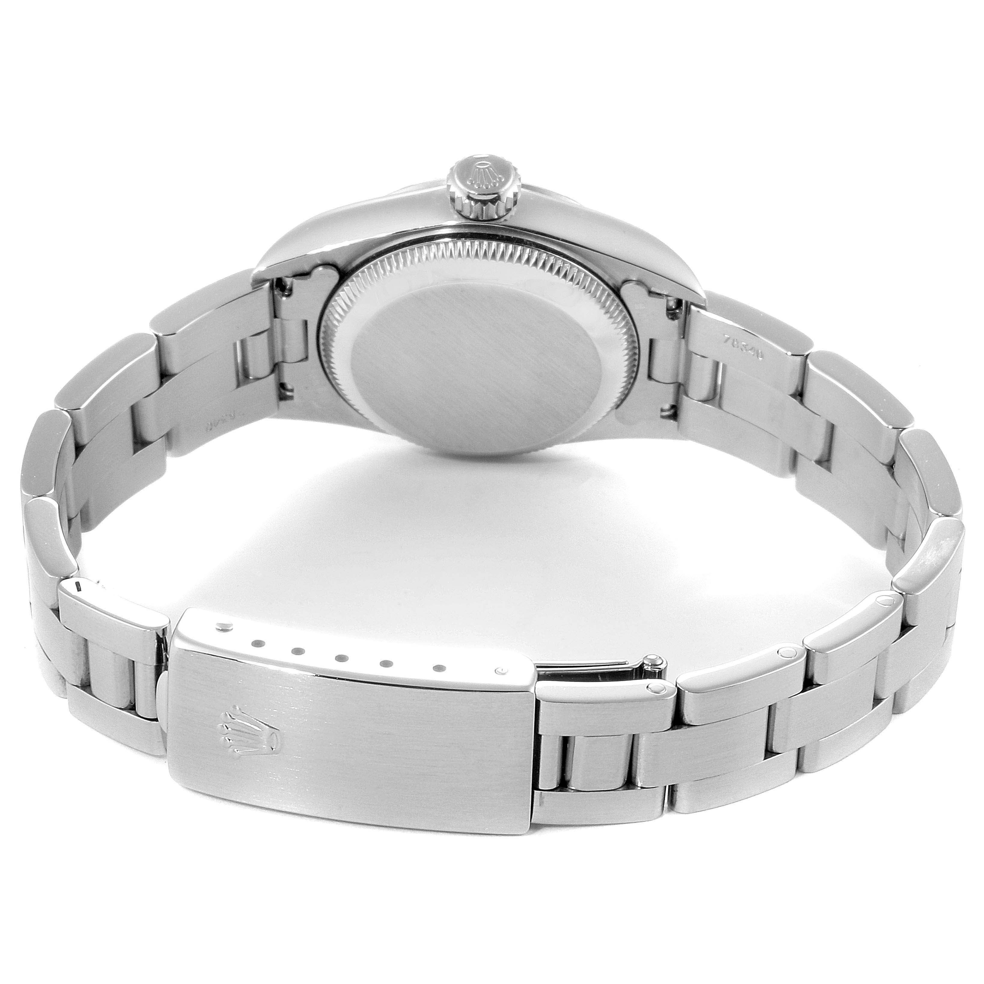 This image shows the back view of a Rolex Oyster Perpetual 67230 Women
s Stainless Steel Black Dial 67230 Women
s Stainless Steel Black Dial watch, highlighting the bracelet, clasp, and case back.