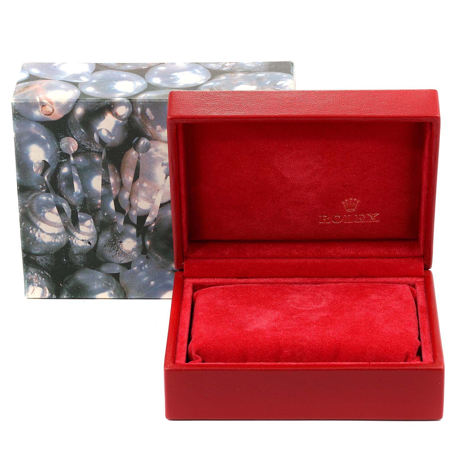 The image shows a red presentation box and outer packaging for a Rolex Oyster Perpetual 67230 Women
s Stainless Steel Black Dial 67230 Women
s Stainless Steel Black Dial watch, viewed from the front.