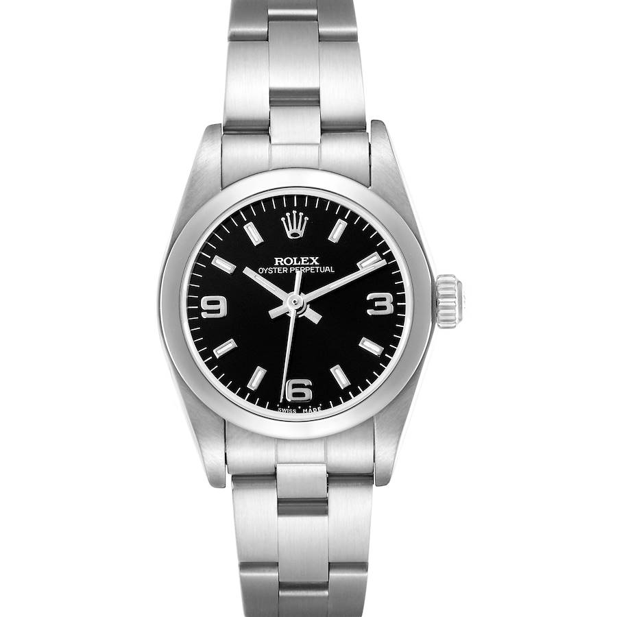 The Rolex Oyster Perpetual watch is shown from the front, displaying the black dial, crown, and stainless steel bracelet.