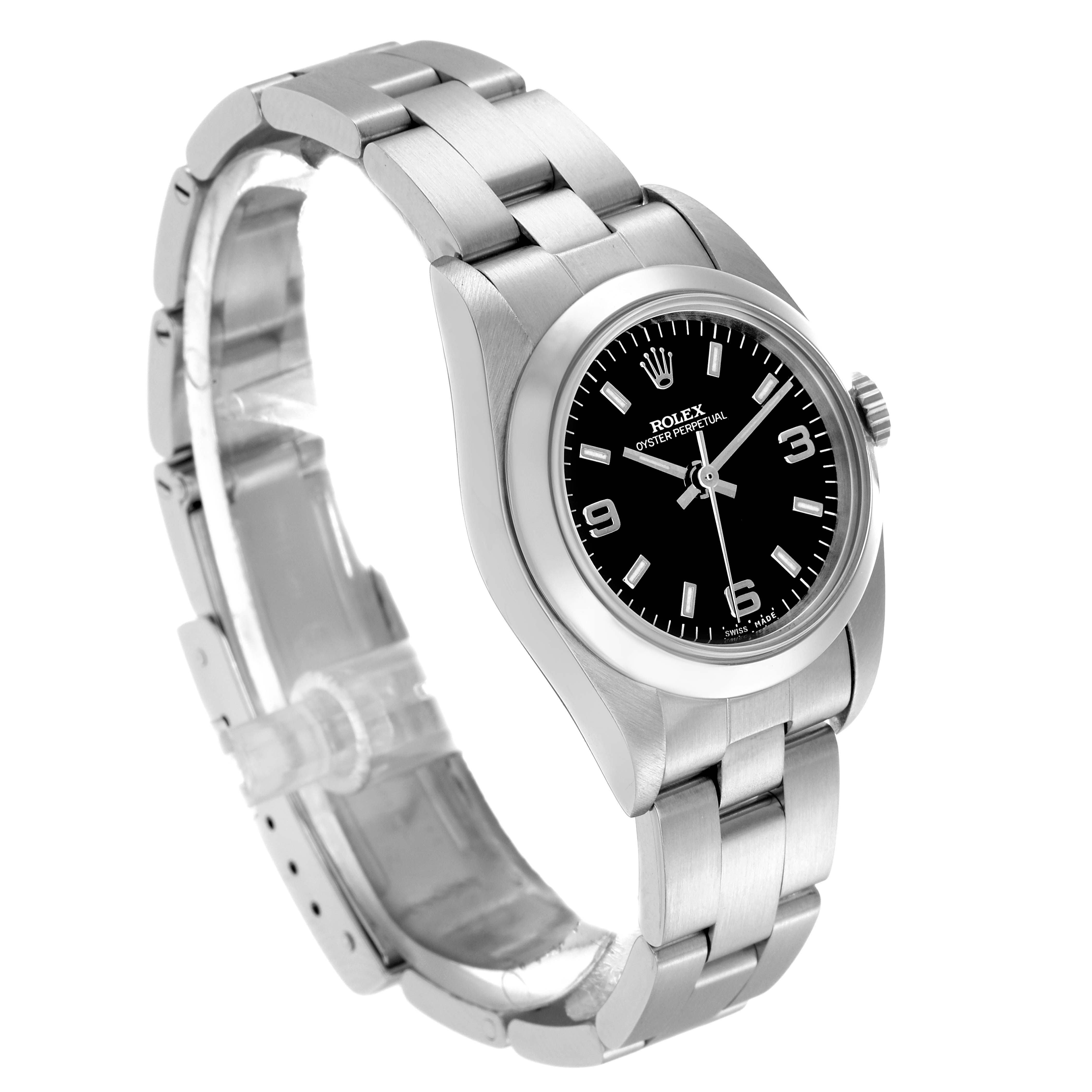 The Rolex Oyster Perpetual 76080 Women
s Stainless Steel Black Dial 76080 Women
s Stainless Steel Black Dial watch is shown at a 3/4 angle, highlighting the face, bezel, and metal bracelet.