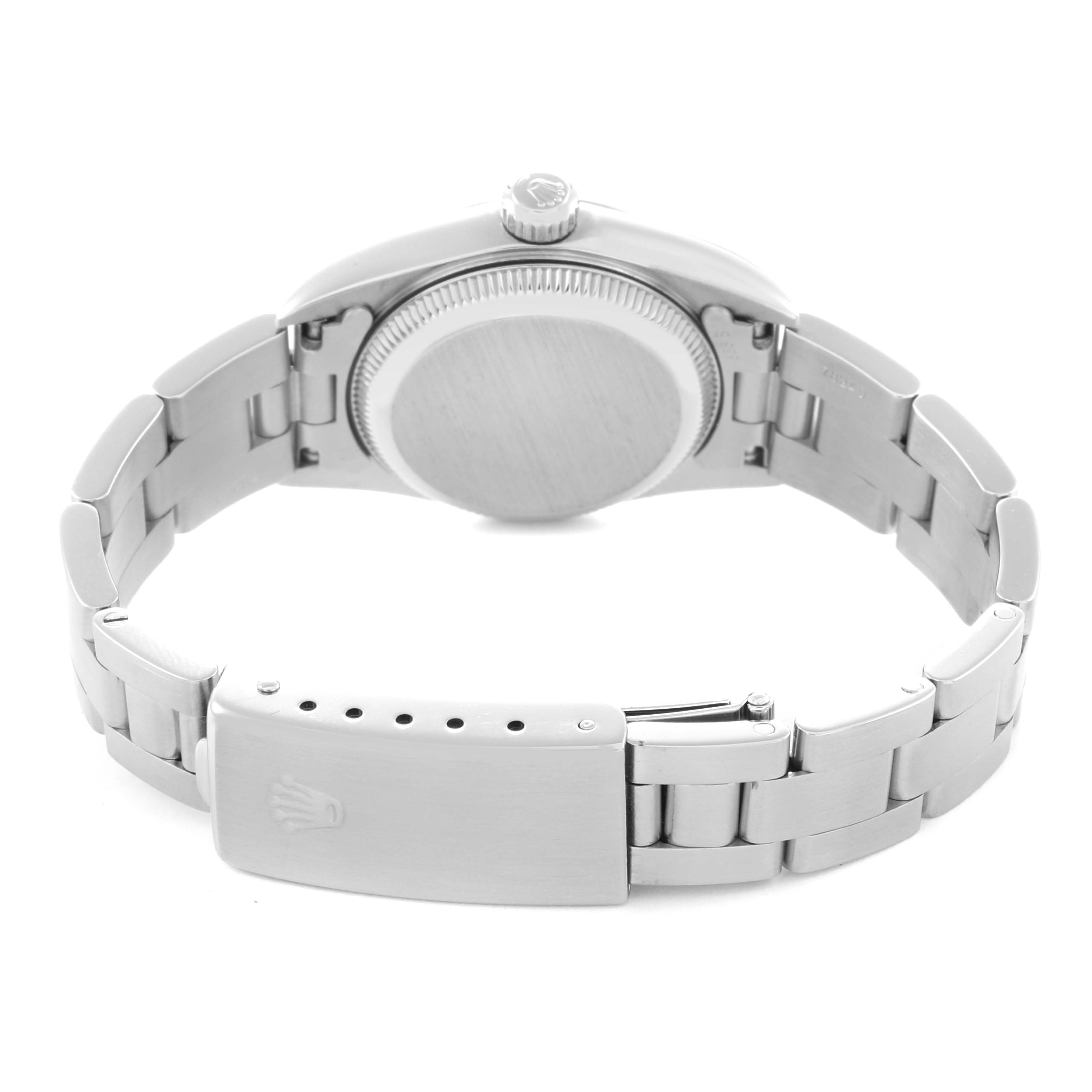 The image shows the back view of a Rolex Oyster Perpetual 76080 Women
s Stainless Steel Black Dial 76080 Women
s Stainless Steel Black Dial, highlighting the case back, bracelet, and clasp.