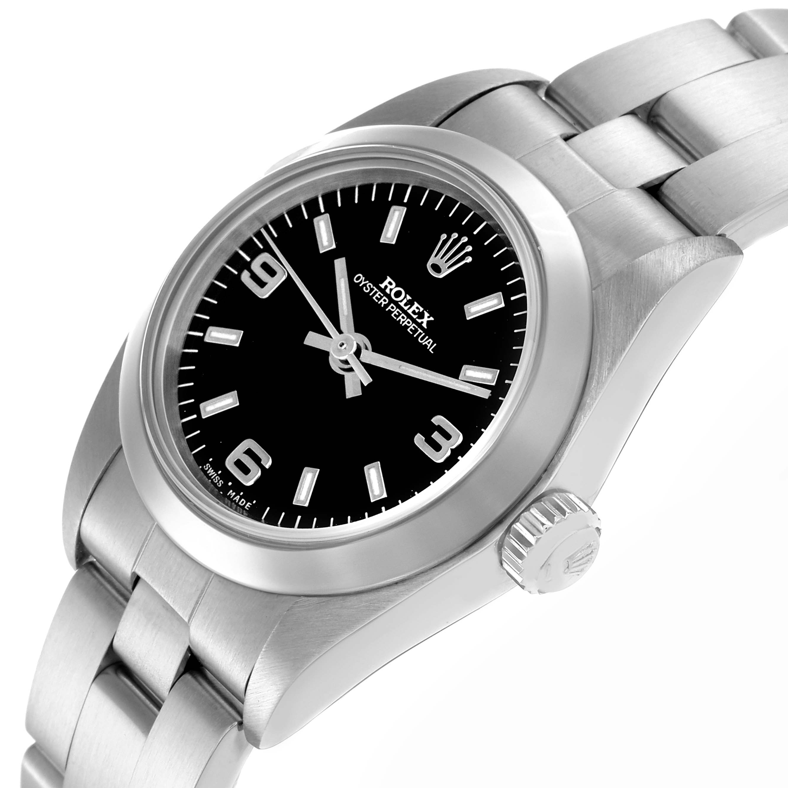 The Rolex Oyster Perpetual 76080 Women
s Stainless Steel Black Dial 76080 Women
s Stainless Steel Black Dial watch is shown at an angled side view, displaying the case, crown, bezel, dial, and part of the bracelet.