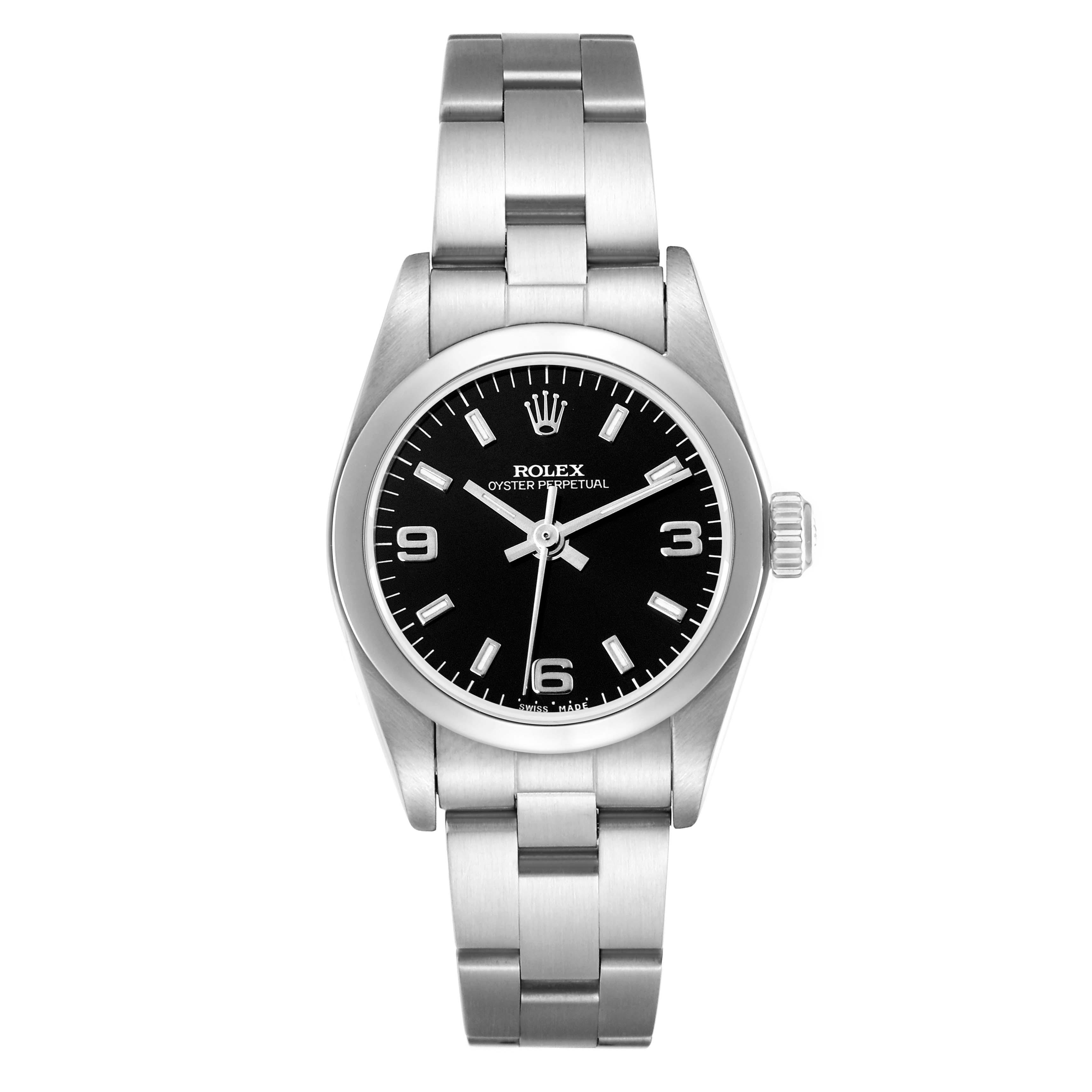 The Rolex Oyster Perpetual 76080 Women
s Stainless Steel Black Dial 76080 Women
s Stainless Steel Black Dial is shown from a front angle, highlighting the dial, bezel, and bracelet.