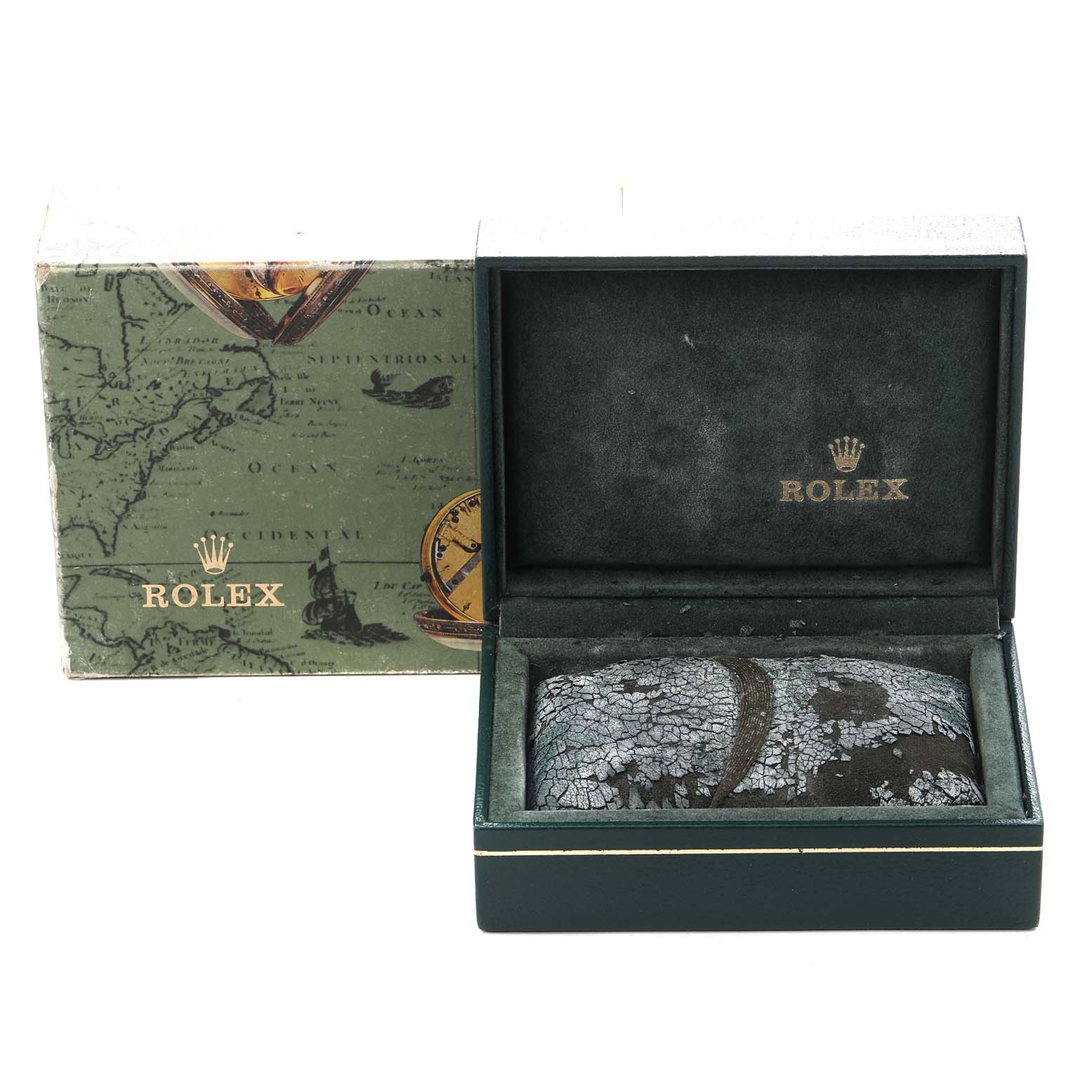 The image shows a Rolex Oyster Perpetual 76080 Women
s Stainless Steel Black Dial 76080 Women
s Stainless Steel Black Dial watch box at an angle, displaying the inner packaging.