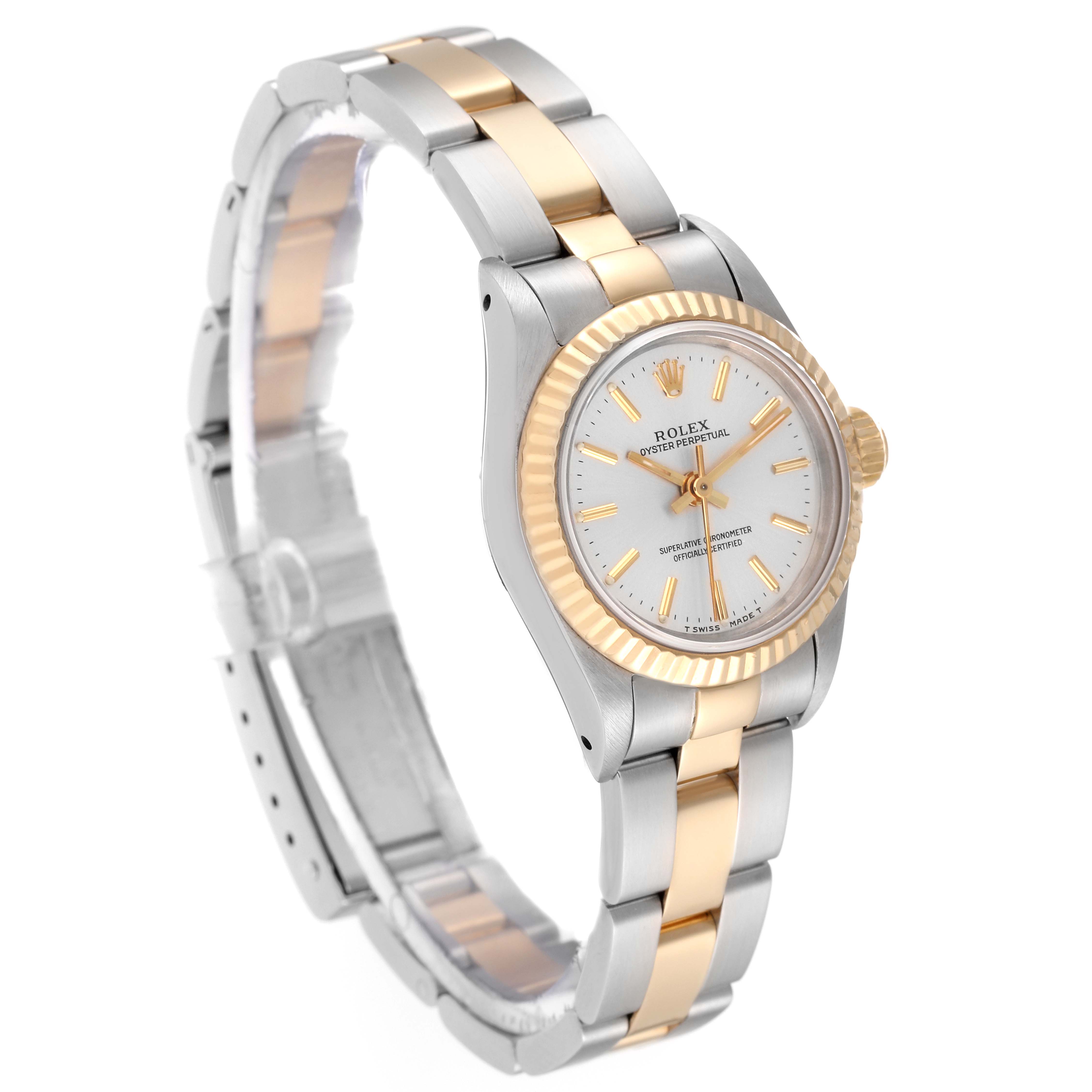 This image shows a Rolex Oyster Perpetual 67193 Women's Steel and Gold (two tone) Silver Dial 67193 Women's Steel and Gold (two tone) Silver Dial watch at a slight angle, highlighting the two-tone band, bezel, and dial.