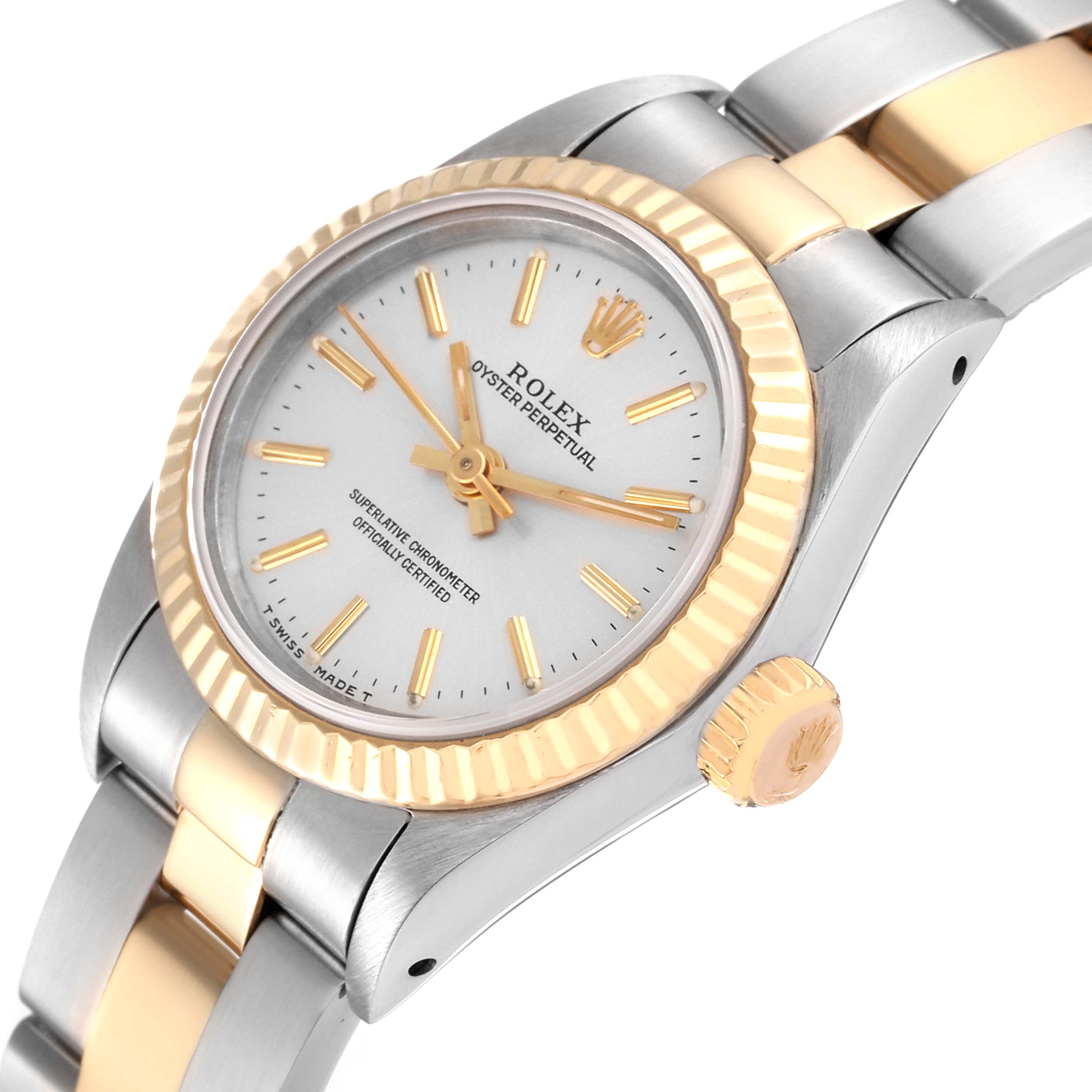 The Rolex Oyster Perpetual 67193 Women's Steel and Gold (two tone) Silver Dial 67193 Women's Steel and Gold (two tone) Silver Dial watch is shown at a slight angle, displaying the face, bezel, crown, and part of the bracelet.