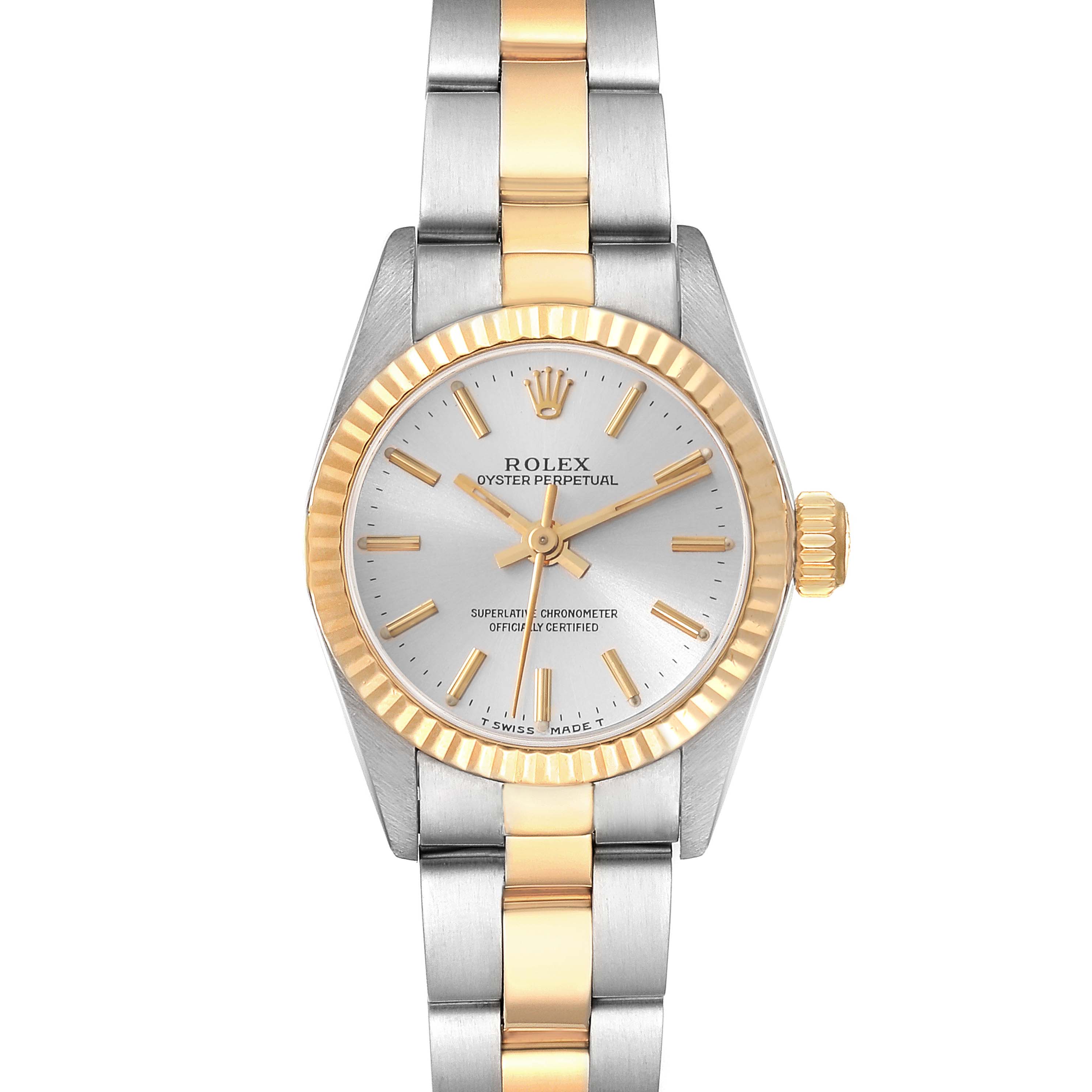 The image shows a Rolex Oyster Perpetual 67193 Women's Steel and Gold (two tone) Silver Dial 67193 Women's Steel and Gold (two tone) Silver Dial watch from a front angle, highlighting its dial, bezel, crown, and bracelet.