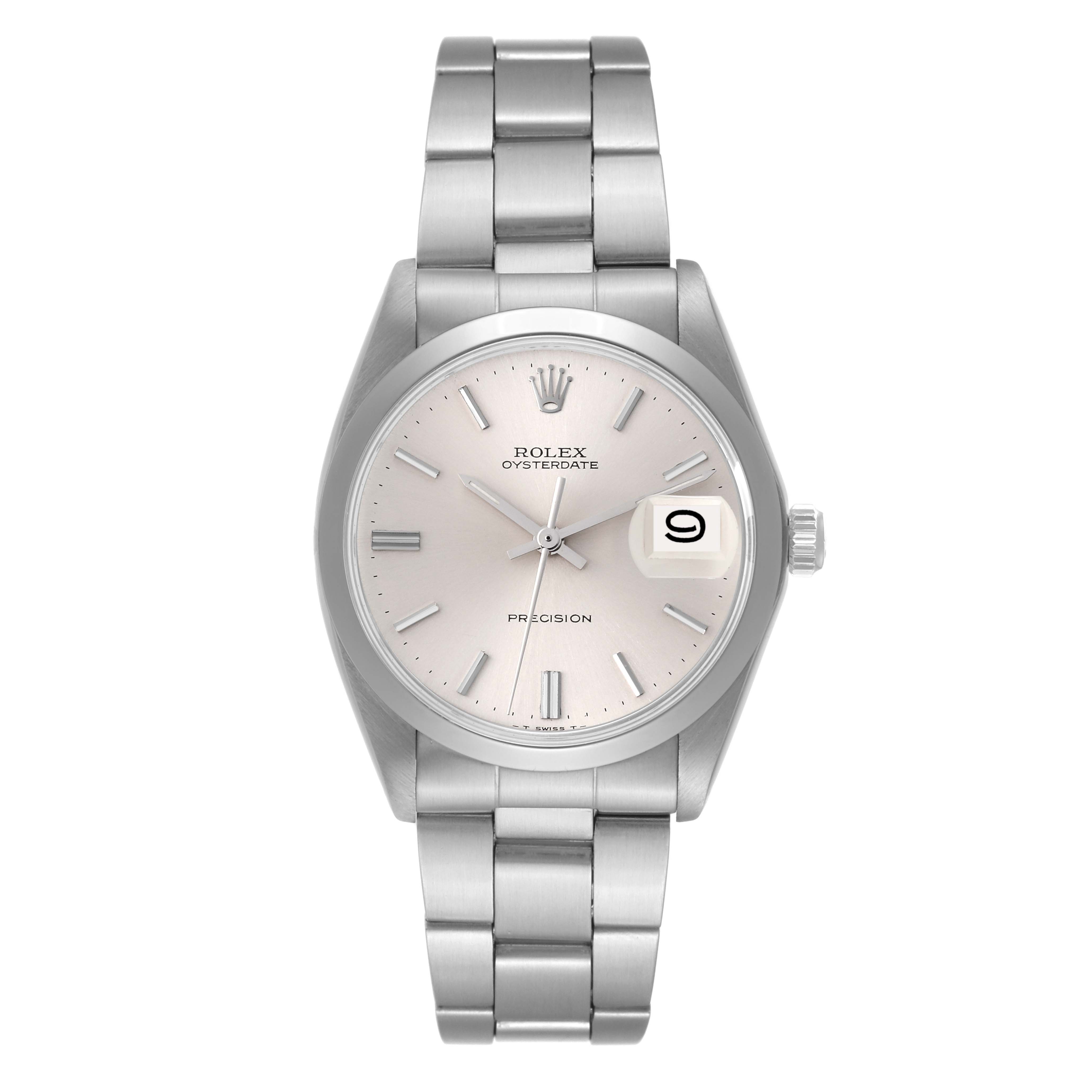 The image shows a front view of a Rolex Vintage Collection 6694 Men's Stainless Steel Silver Dial 6694 Men's Stainless Steel Silver Dial Oysterdate watch with its dial, hands, case, and metal bracelet visible.