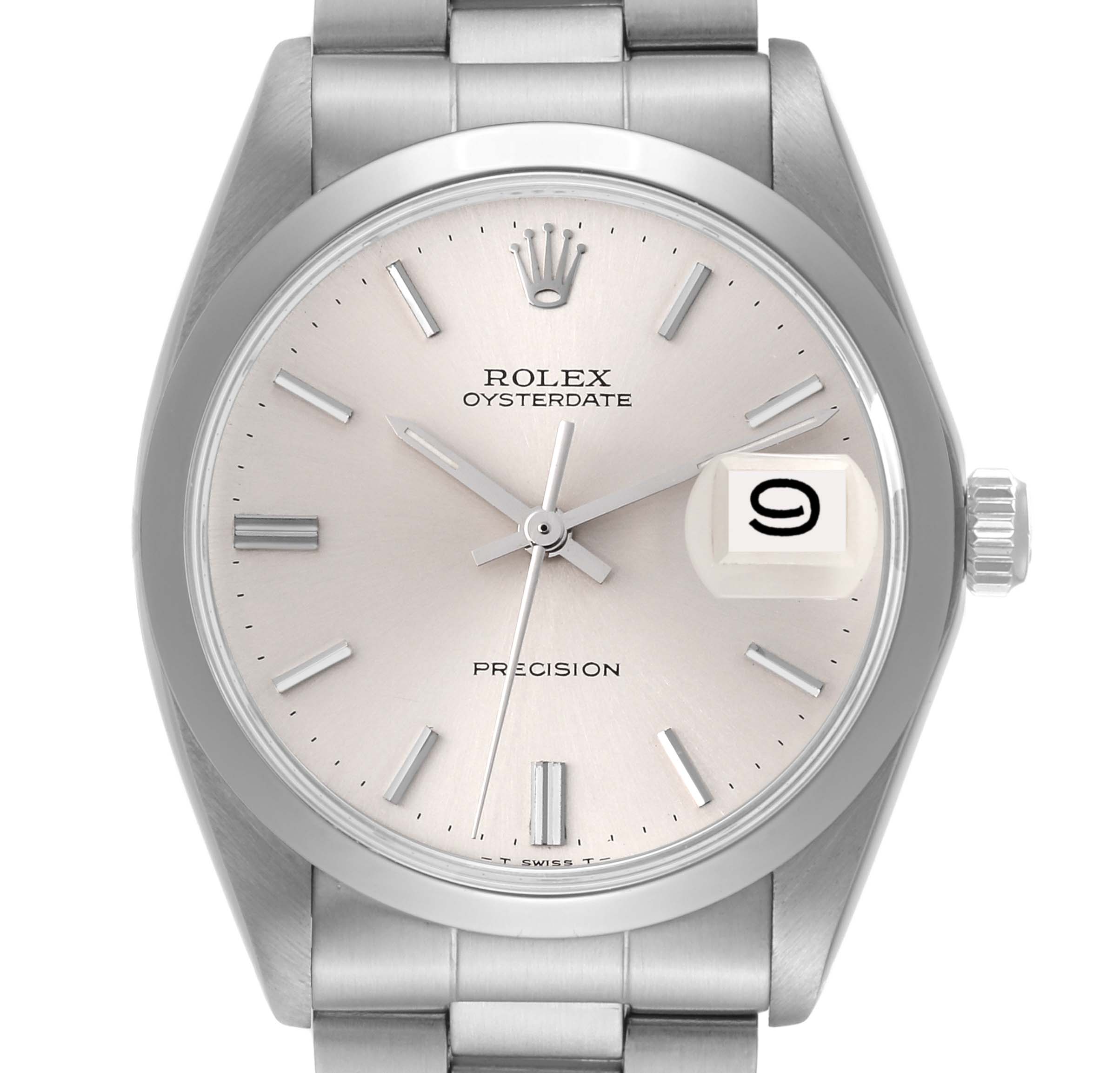 This image shows a front view of the Rolex Vintage Collection 6694 Men's Stainless Steel Silver Dial 6694 Men's Stainless Steel Silver Dial Oysterdate Precision watch.