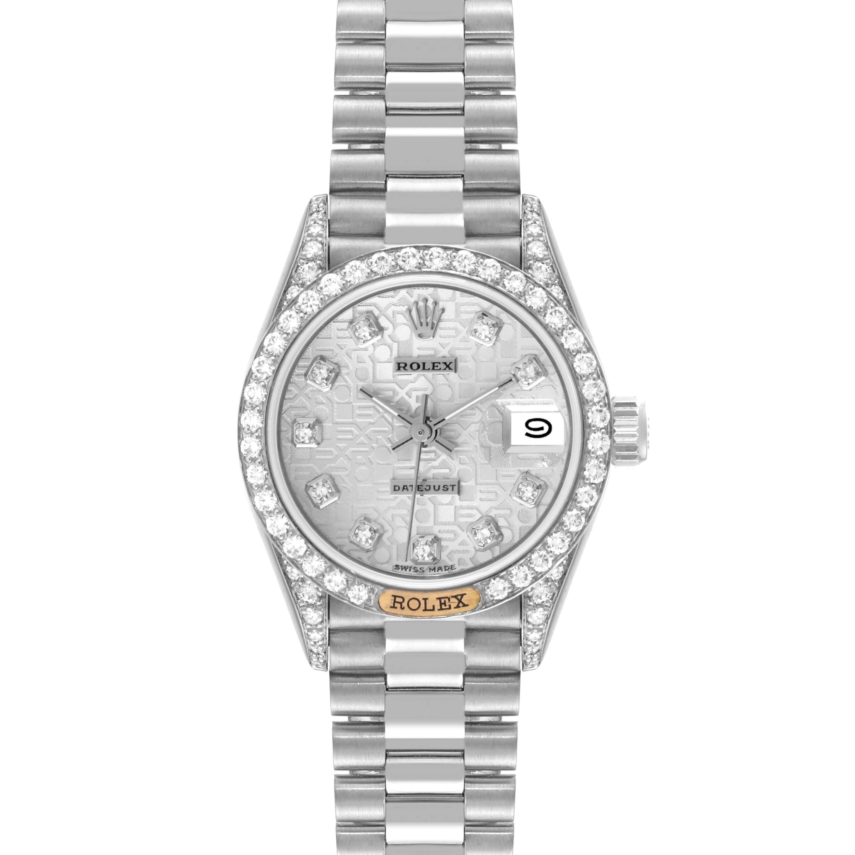 The Rolex President 69159 Women's White Gold Silver Dial 69159 Women's White Gold Silver Dial model watch is shown from a top-down angle, displaying the dial, bezel, and bracelet.