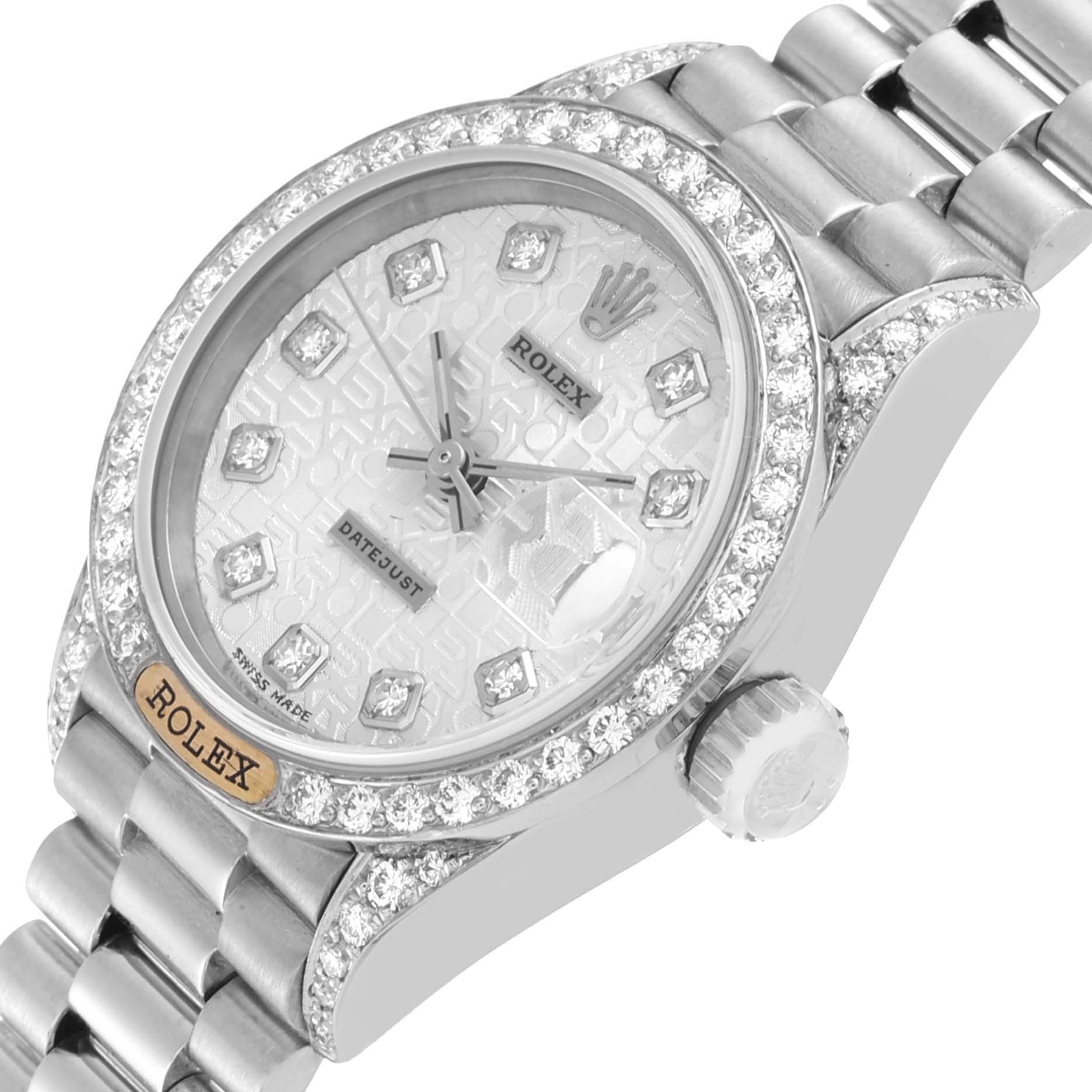 The image shows a close-up of the Rolex President 69159 Women's White Gold Silver Dial 69159 Women's White Gold Silver Dial model watch, highlighting the face, bezel, crown, and part of the bracelet.