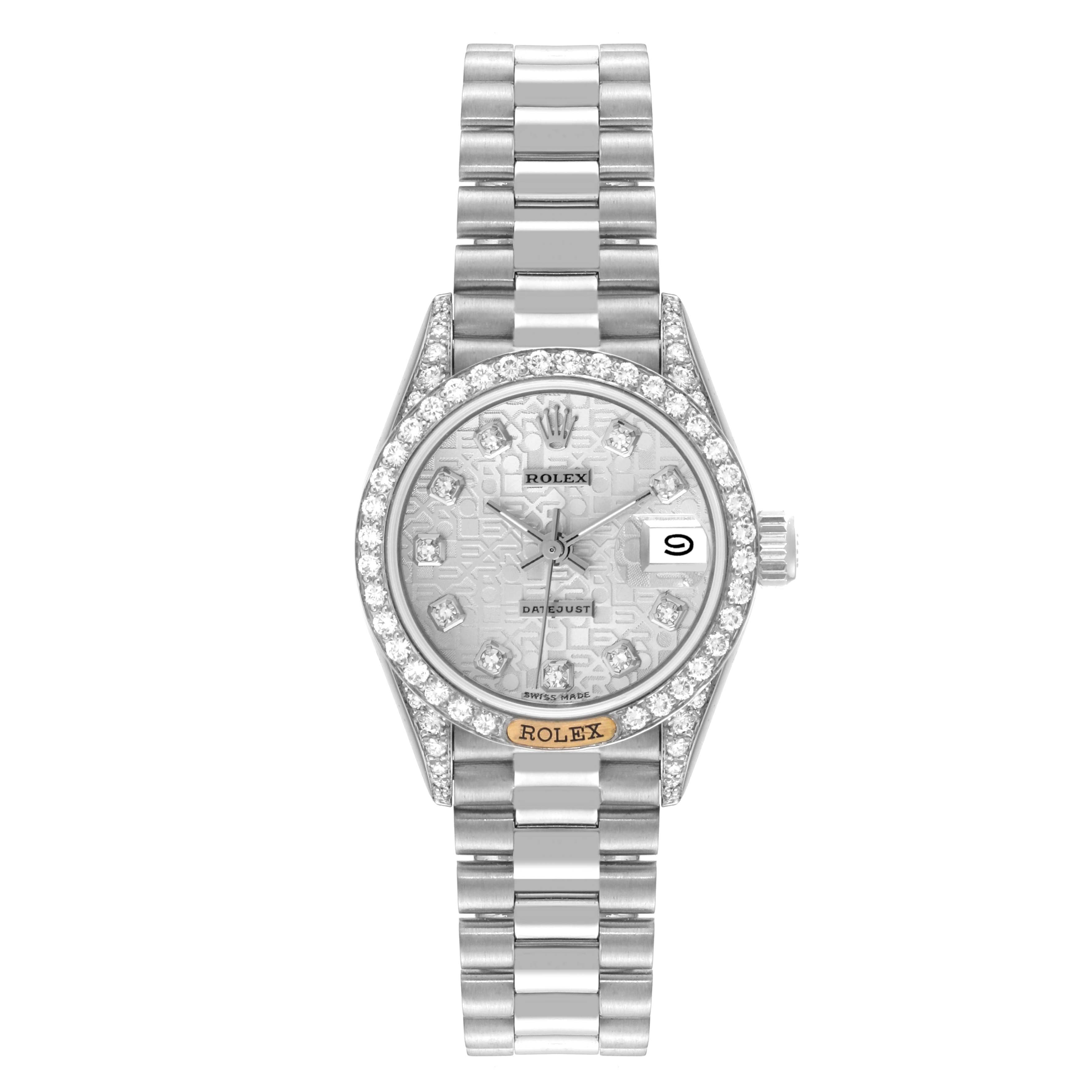 The image shows a front view of the Rolex President 69159 Women's White Gold Silver Dial 69159 Women's White Gold Silver Dial model watch, displaying its bracelet, bezel, crown, and dial.
