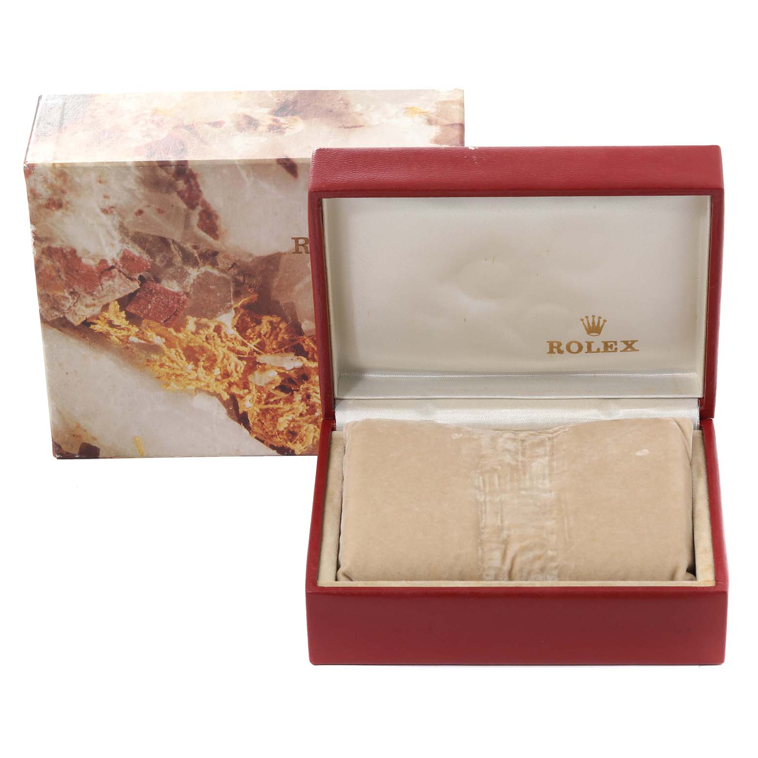 The image shows a Rolex President 69159 Women's White Gold Silver Dial 69159 Women's White Gold Silver Dial model watch box from a top-front angle, including the outer box and plush interior.