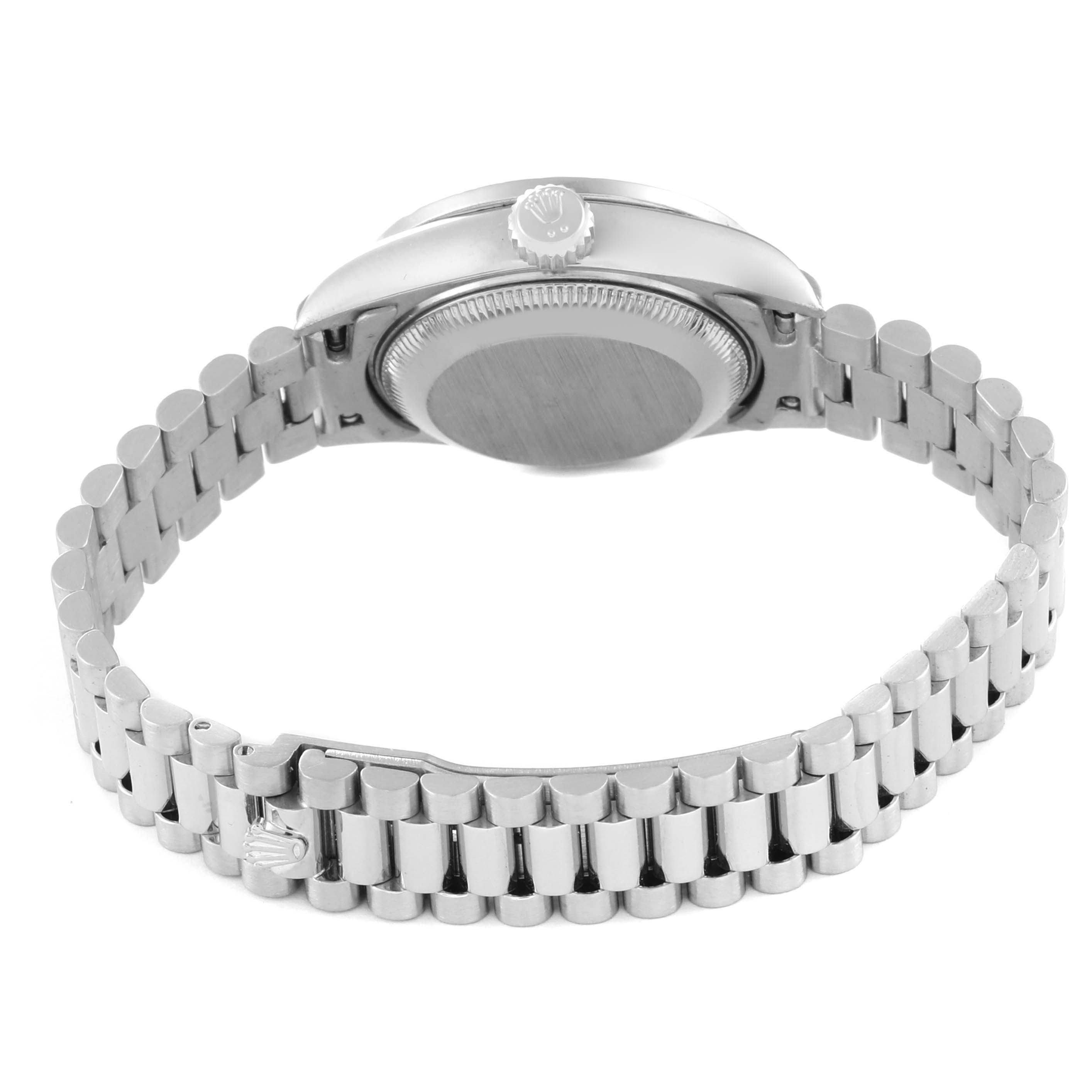 This image shows the back case and bracelet of the Rolex President 69159 Women's White Gold Silver Dial 69159 Women's White Gold Silver Dial model watch from a rear angle.