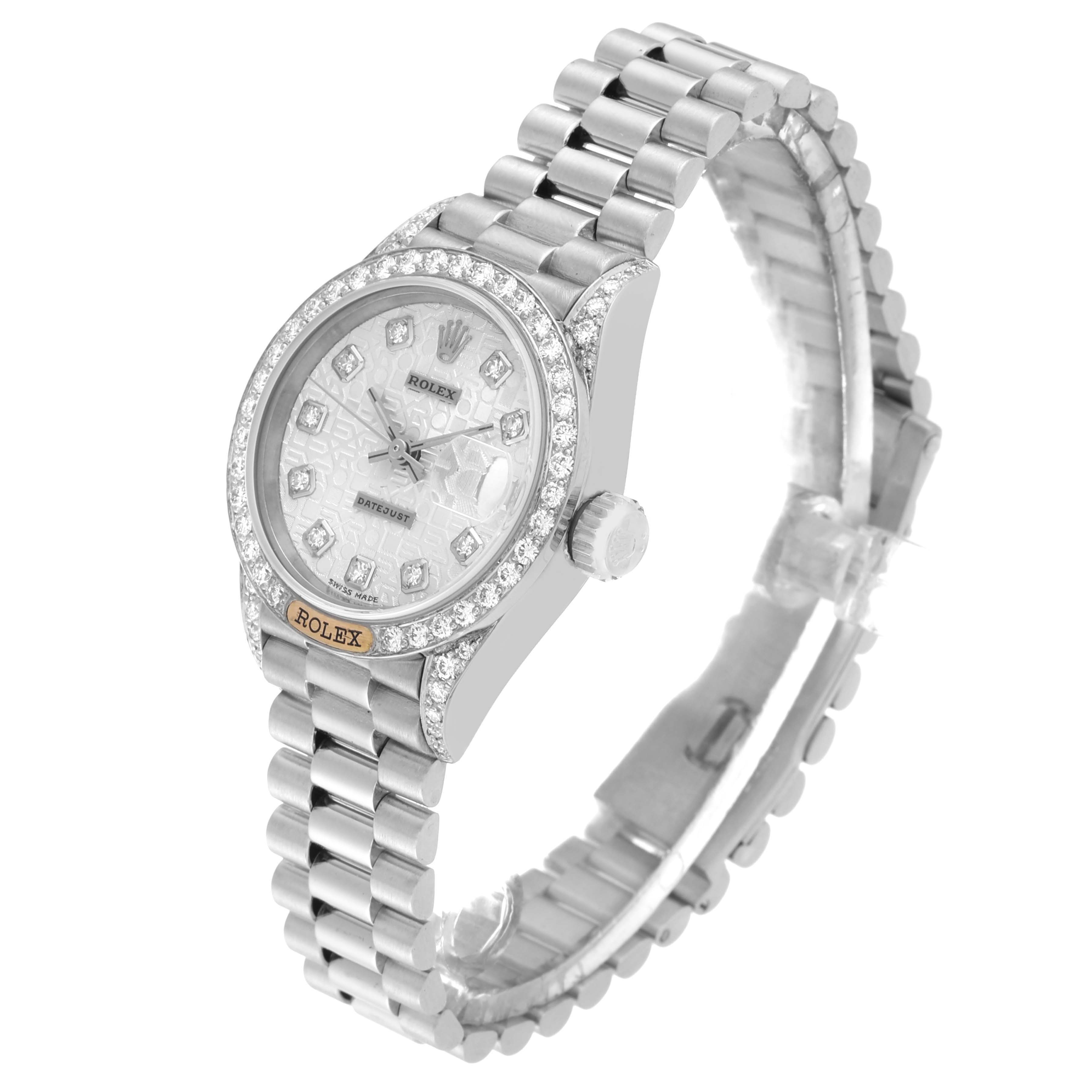 The image shows a side angle of the Rolex President 69159 Women's White Gold Silver Dial 69159 Women's White Gold Silver Dial model watch, highlighting its bezel, dial, and bracelet.