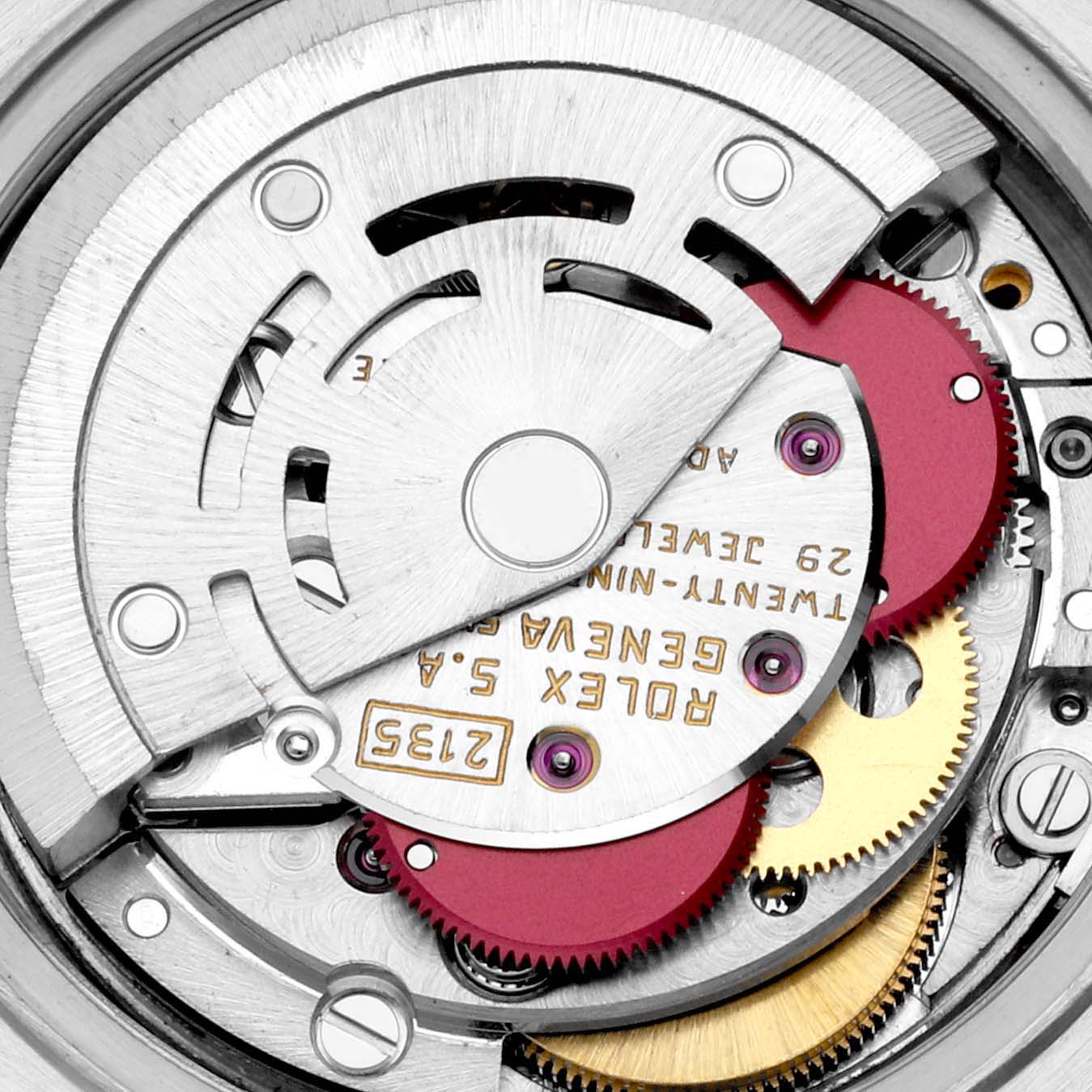 This image shows the intricate internal mechanism of the Rolex President 69159 Women's White Gold Silver Dial 69159 Women's White Gold Silver Dial model watch, focusing on its gears and parts.