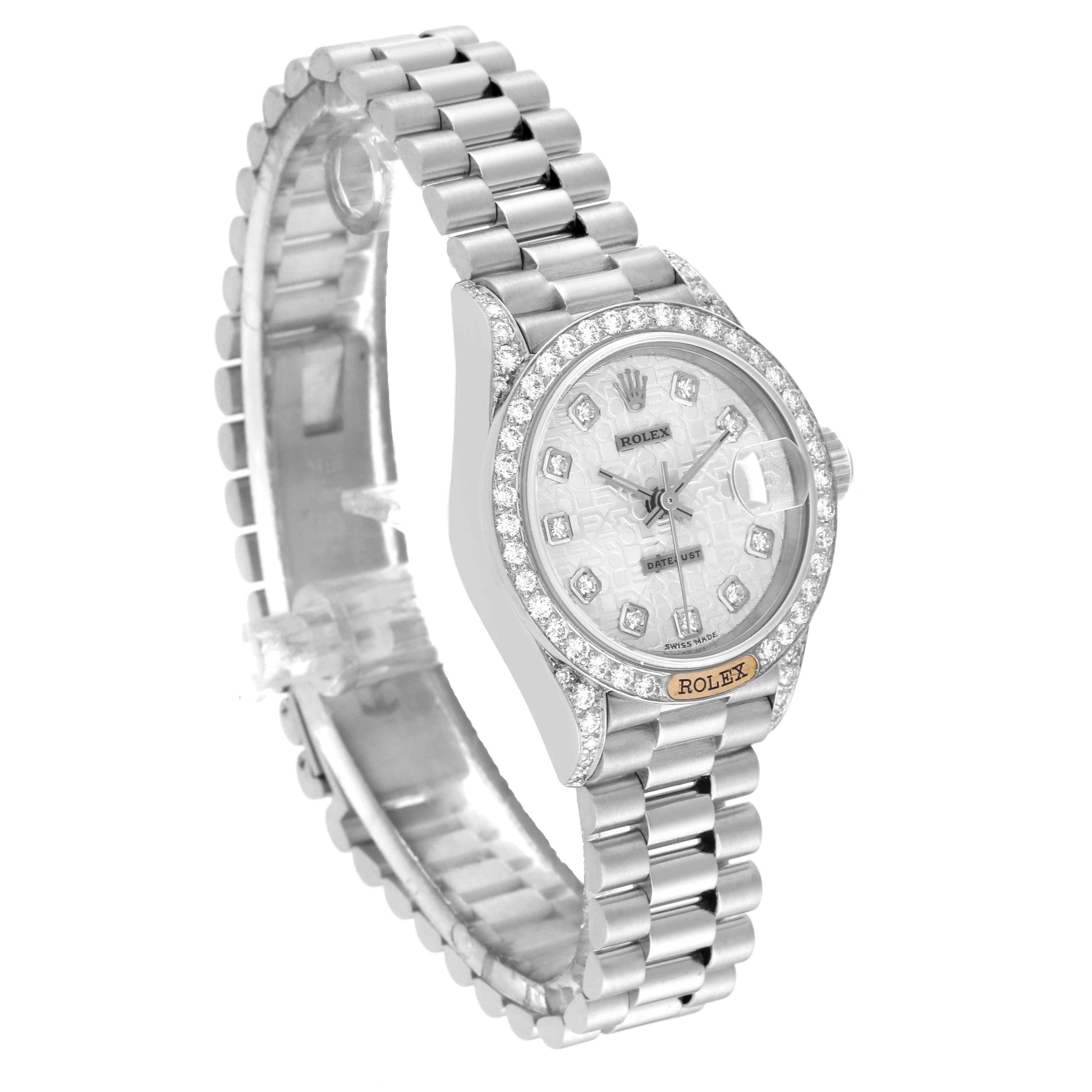 The Rolex President 69159 Women's White Gold Silver Dial 69159 Women's White Gold Silver Dial watch is shown from an angled perspective, displaying its dial, bezel, crown, and bracelet in detail.