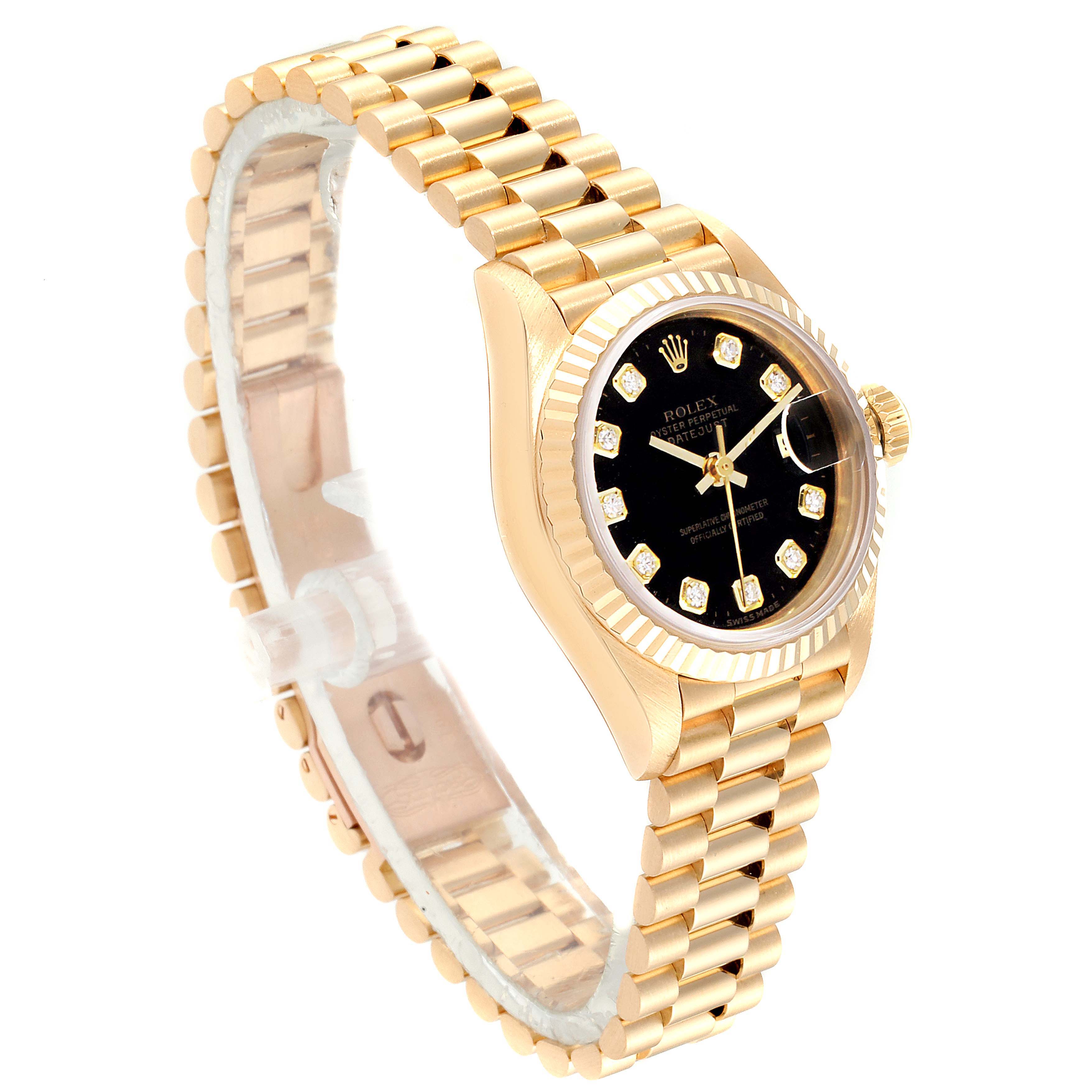 The image shows a Rolex President 69178 Women's Yellow Gold Black Dial 69178 Women's Yellow Gold Black Dial model watch from a front-side angle, highlighting its golden bracelet and black dial.