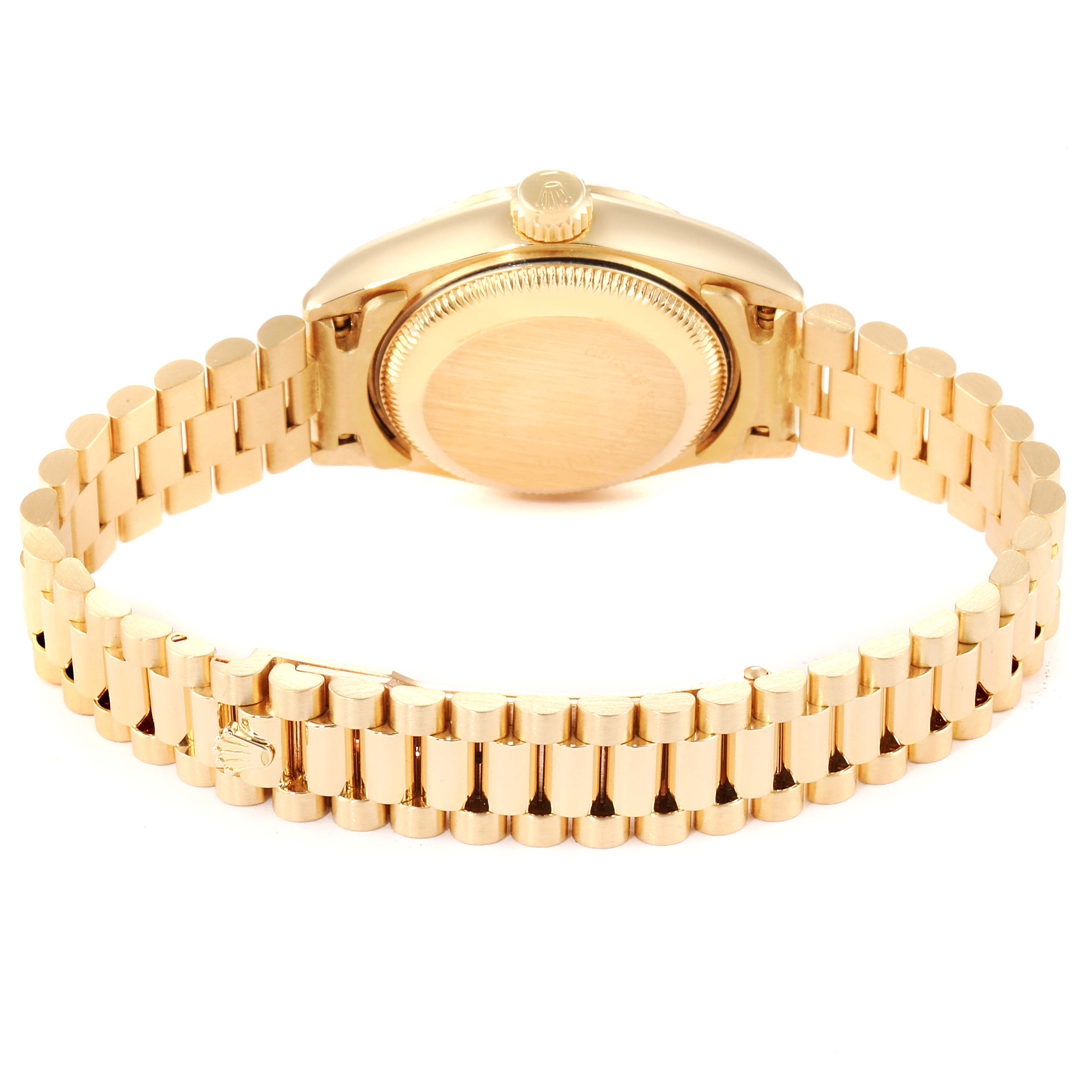 The image shows the back view and bracelet of a Rolex President 69178 Women's Yellow Gold Black Dial 69178 Women's Yellow Gold Black Dial model watch.