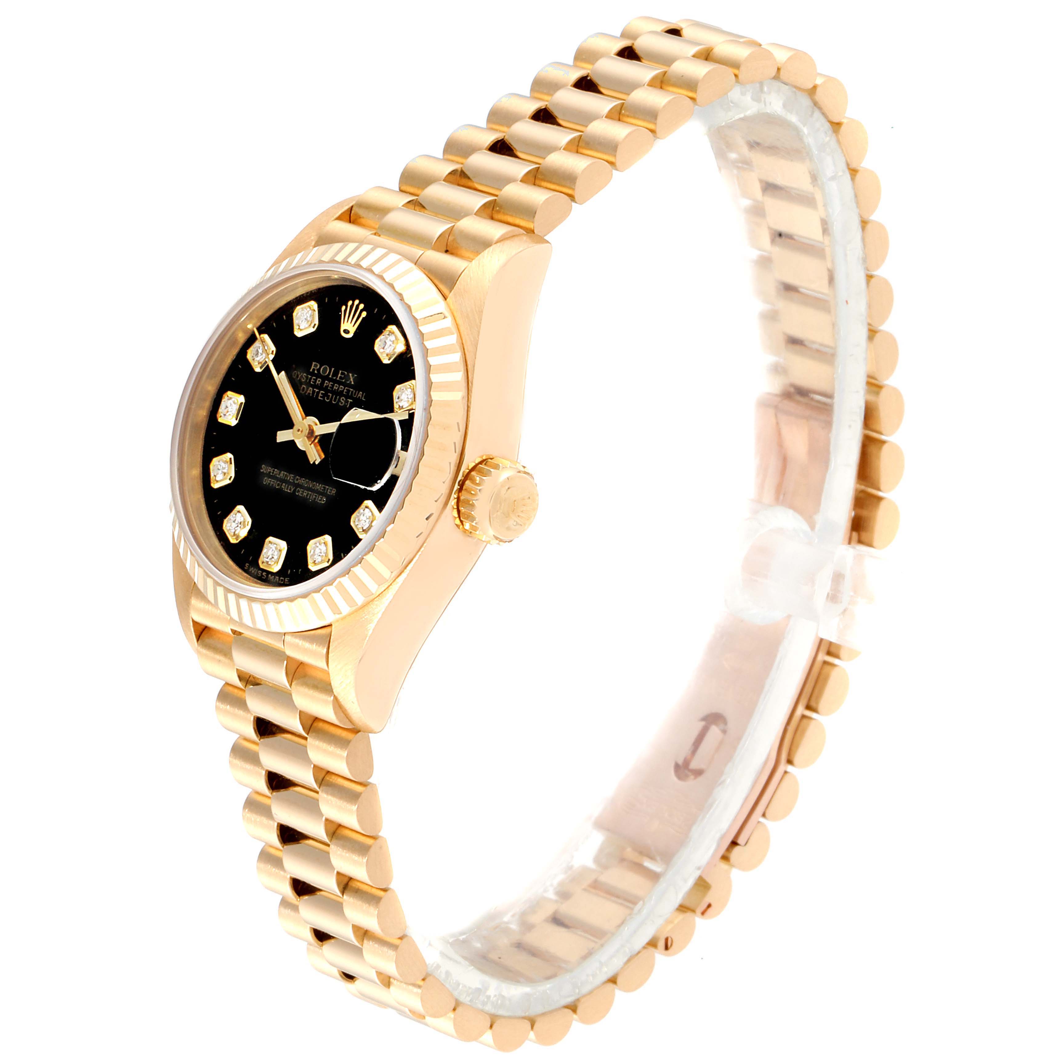 This image shows the side angle of a Rolex President 69178 Women's Yellow Gold Black Dial 69178 Women's Yellow Gold Black Dial model watch, highlighting its gold bracelet, black dial, and fluted bezel.