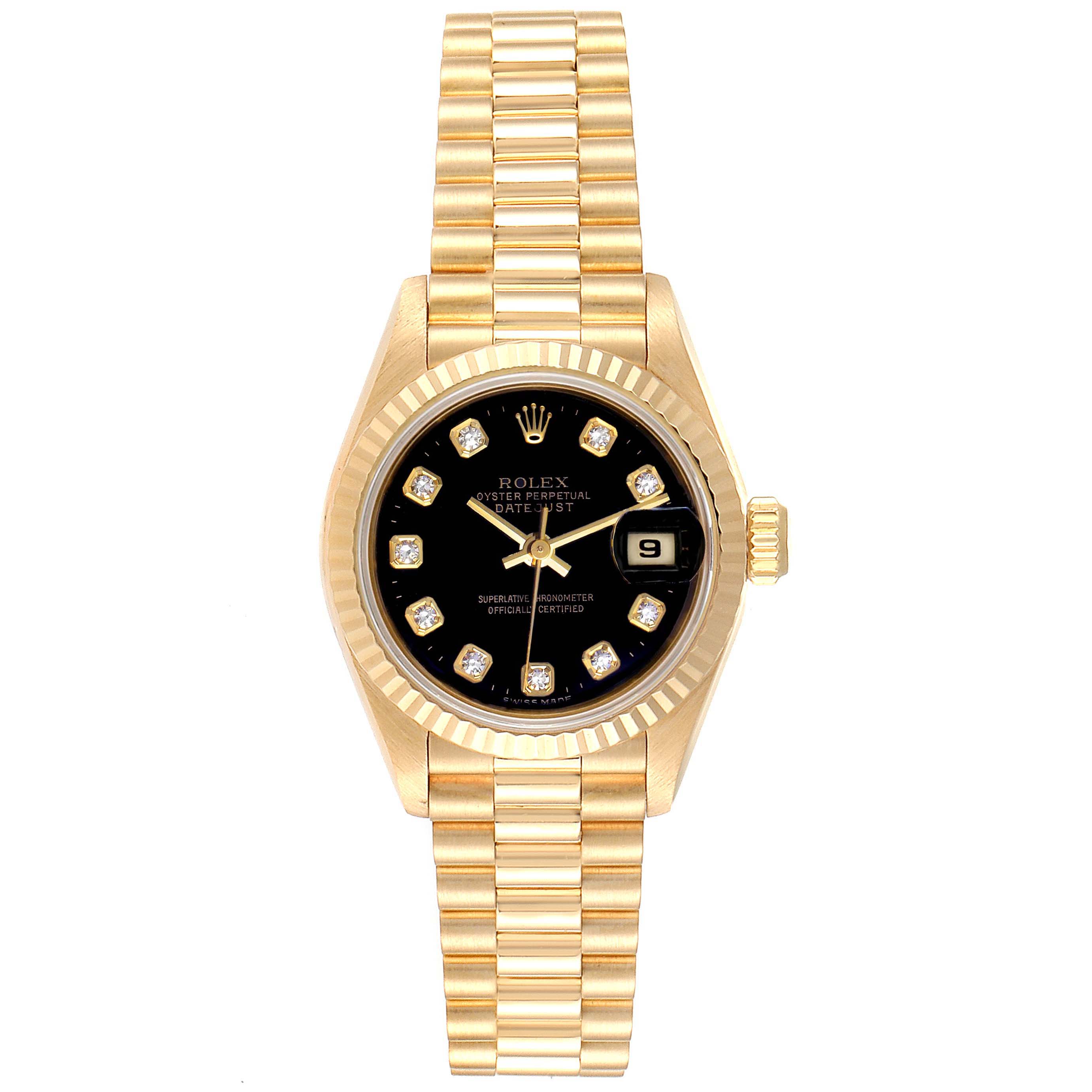 Rolex President Datejust Yellow Gold Black Diamond Dial Ladies Watch ...