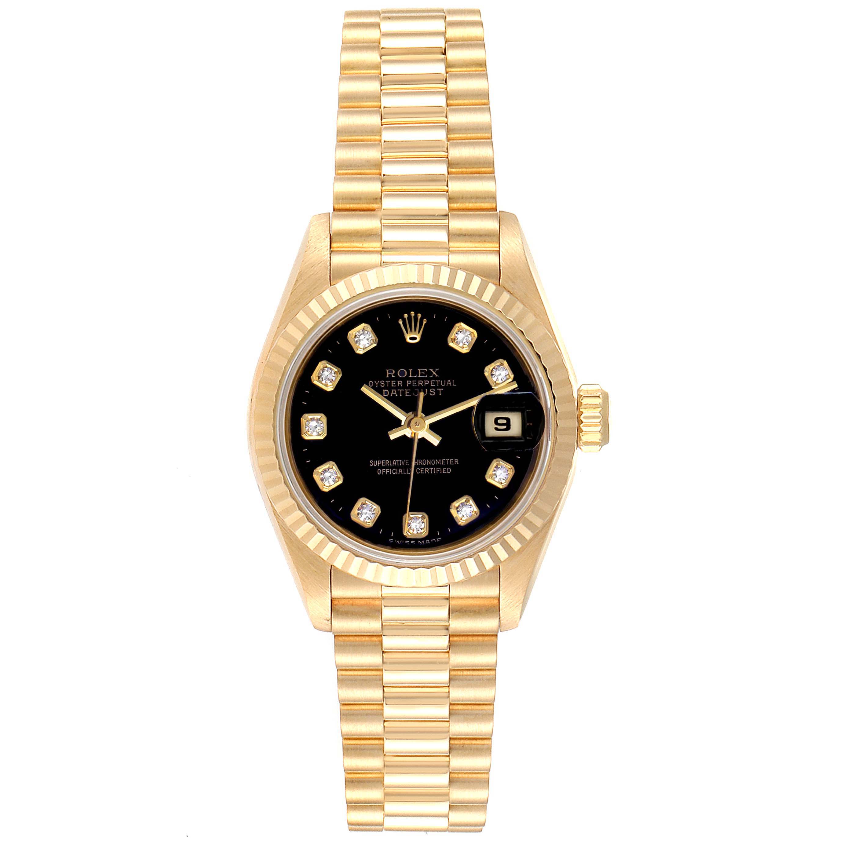 The Rolex President 69178 Women's Yellow Gold Black Dial 69178 Women's Yellow Gold Black Dial model watch is shown from the front, displaying its gold band, black dial, diamond markers, and date window.