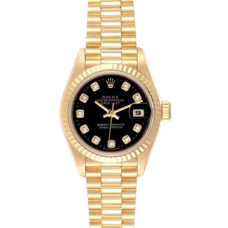 Rolex President Datejust Yellow Gold Black Diamond Dial Ladies Watch 69178 SwissWatchExpo