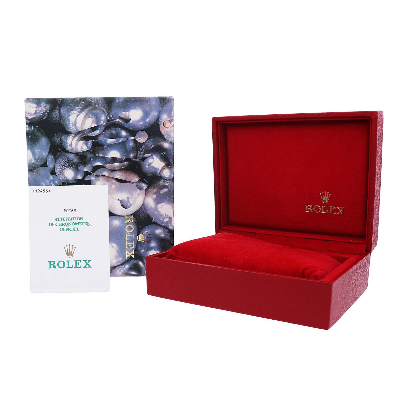 The image shows a Rolex President 69068 Women's Yellow Gold Champagne Dial model watch box and accessories, including a red case and official papers.