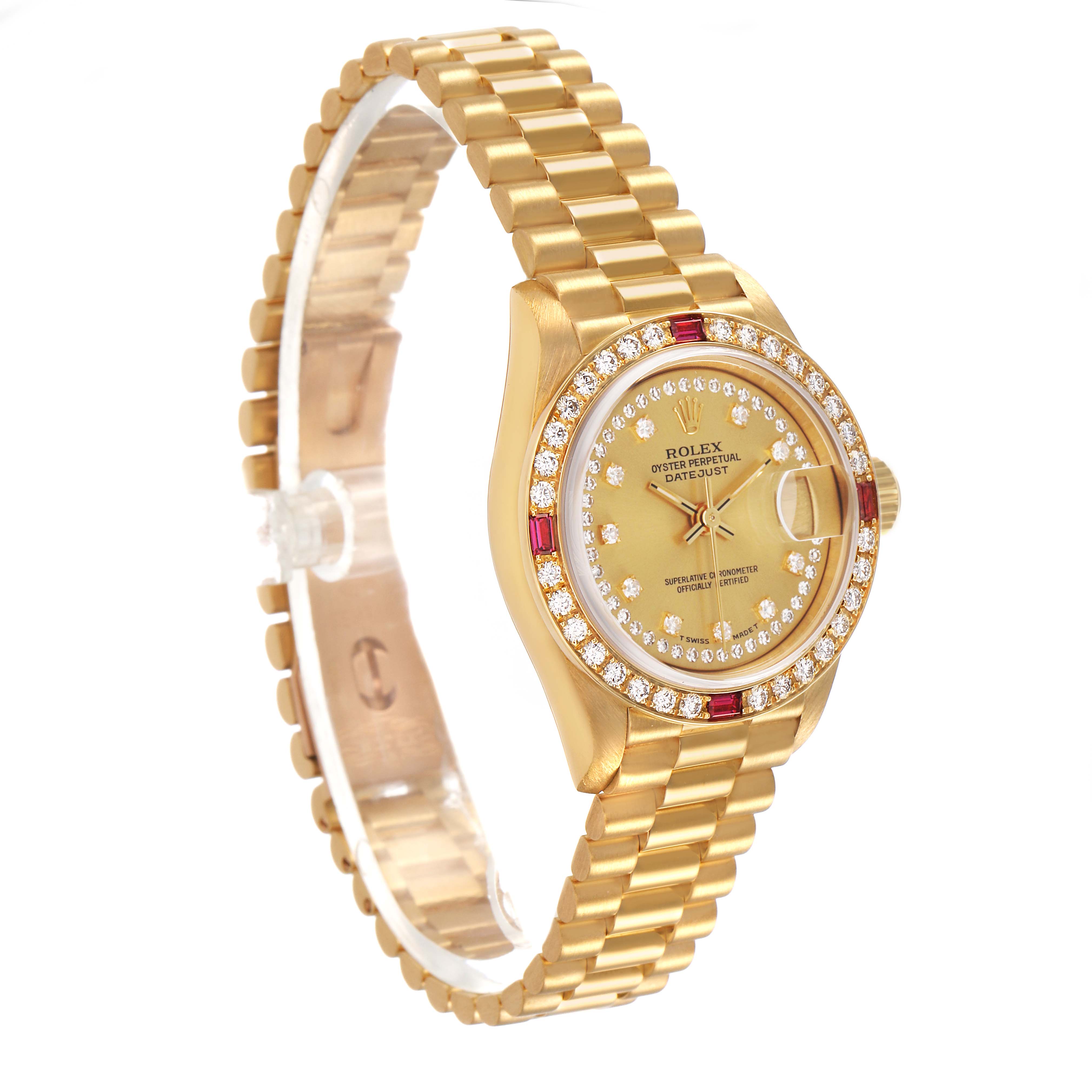 The Rolex President 69068 Women's Yellow Gold Champagne Dial model watch is shown at a slight angle, highlighting the bracelet, bezel, and dial with diamonds and red accents.