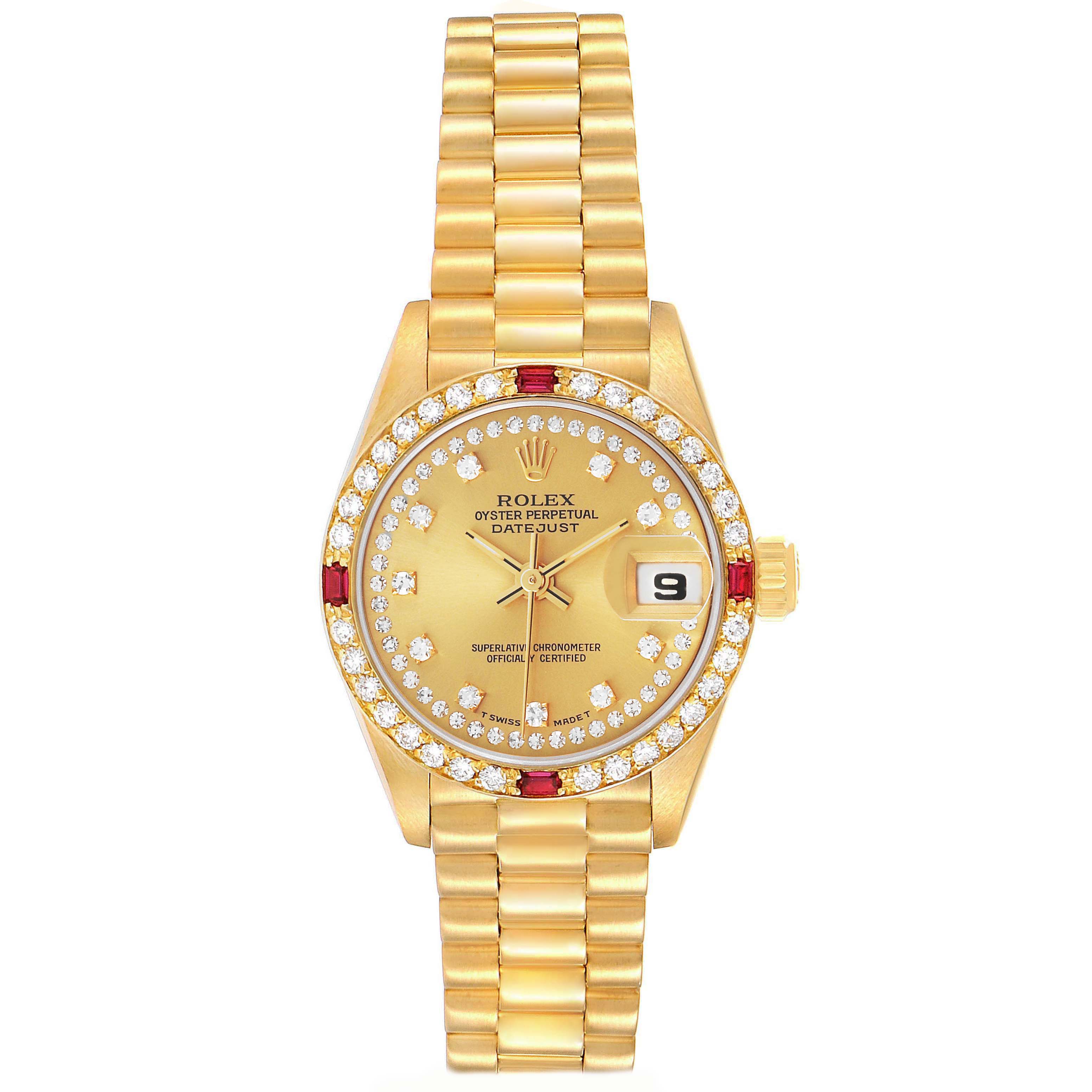 The Rolex President 69068 Women's Yellow Gold Champagne Dial model is shown from a front angle, displaying the face, bezel, bracelet, and date window.
