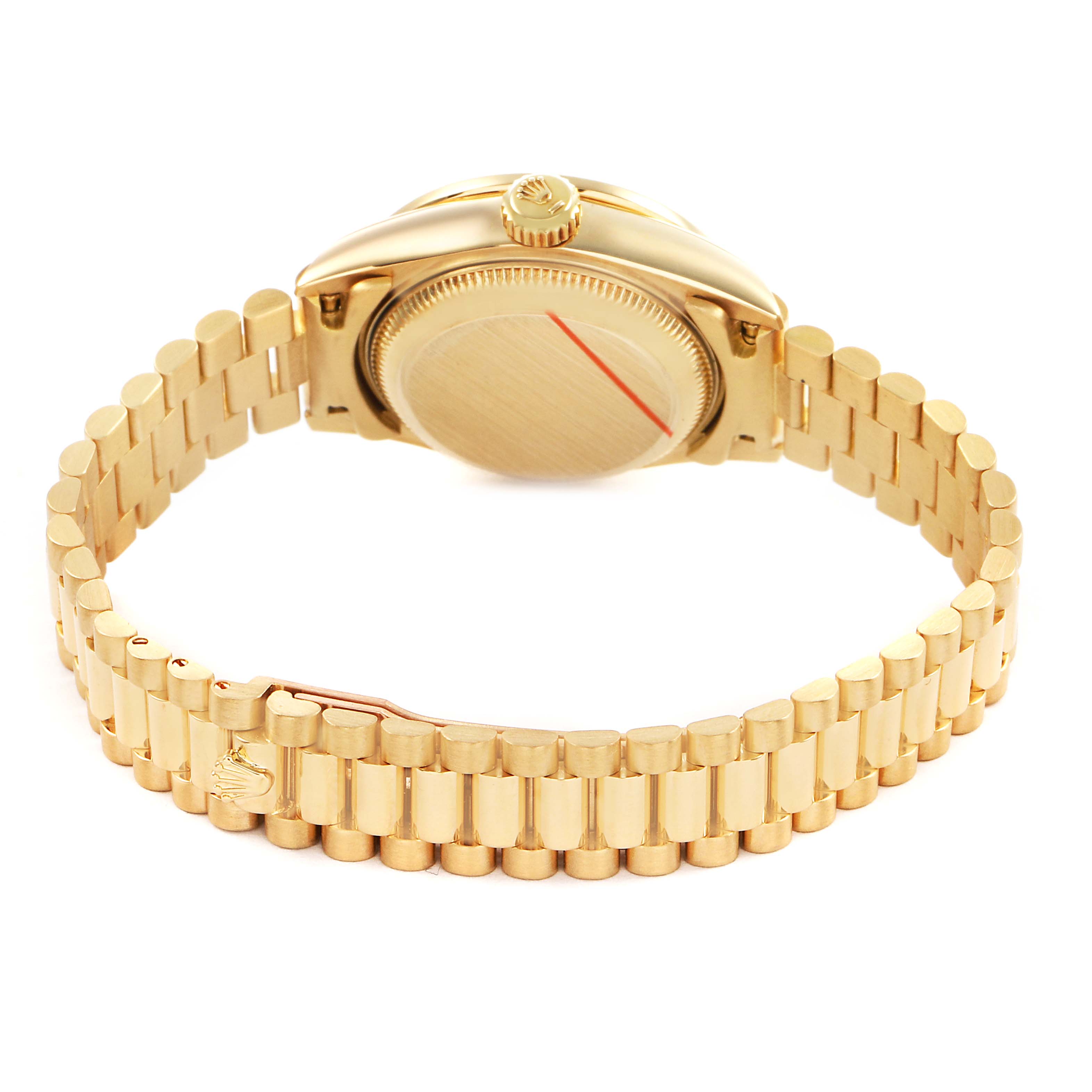 The Rolex President 69068 Women's Yellow Gold Champagne Dial watch is shown from the back, displaying the case back and the full bracelet.