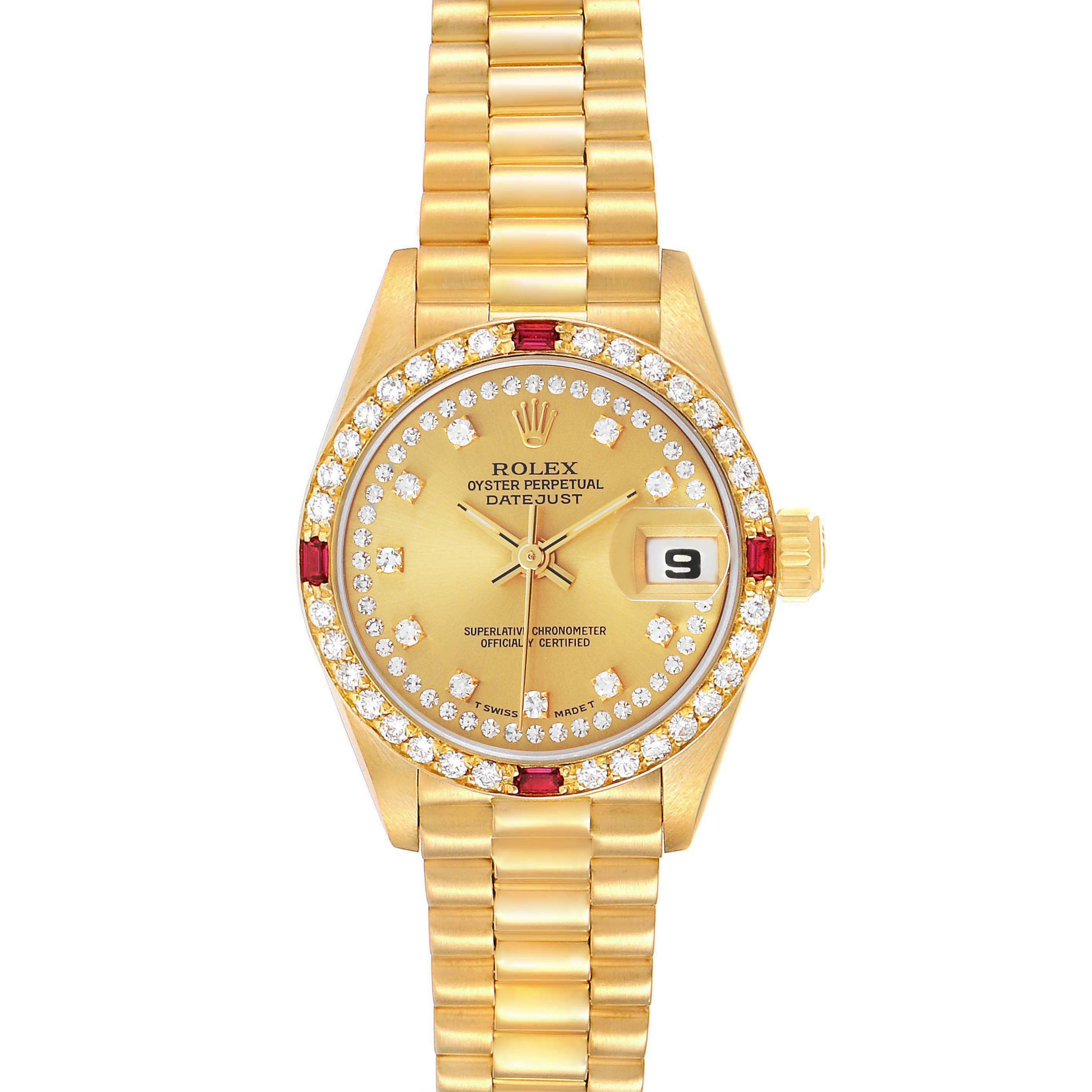 The Rolex President 69068 Women's Yellow Gold Champagne Dial model is shown from the front, highlighting its gold dial, diamond bezel, and bracelet.