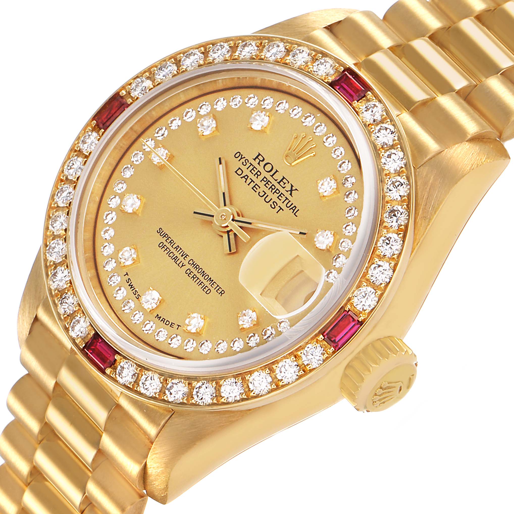 The Rolex President 69068 Women's Yellow Gold Champagne Dial model is shown at an angle highlighting the face, bezel, and part of the bracelet.
