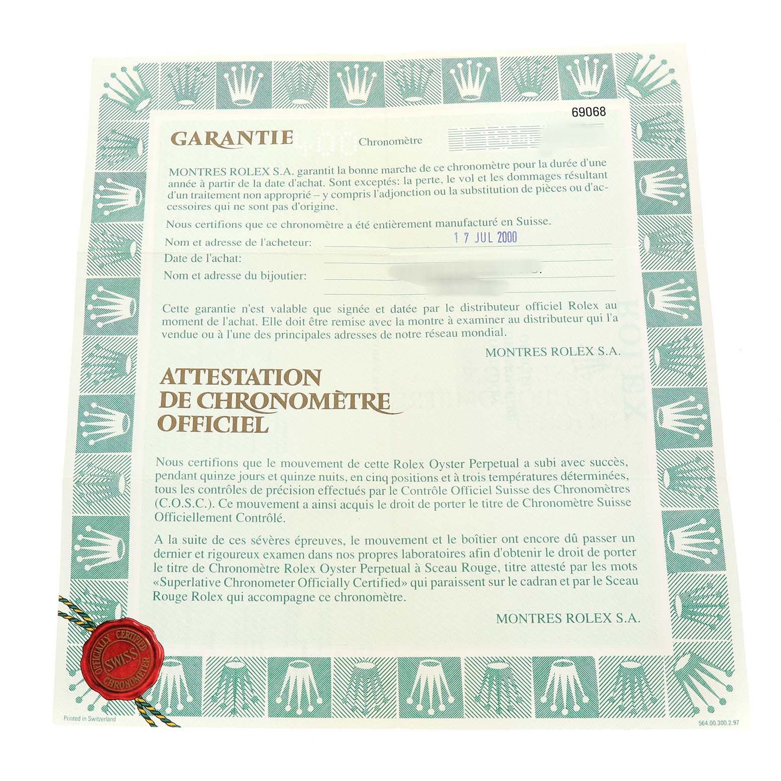 This is a warranty certificate for a Rolex President 69068 Women's Yellow Gold Champagne Dial model, featuring text and the Rolex logo.