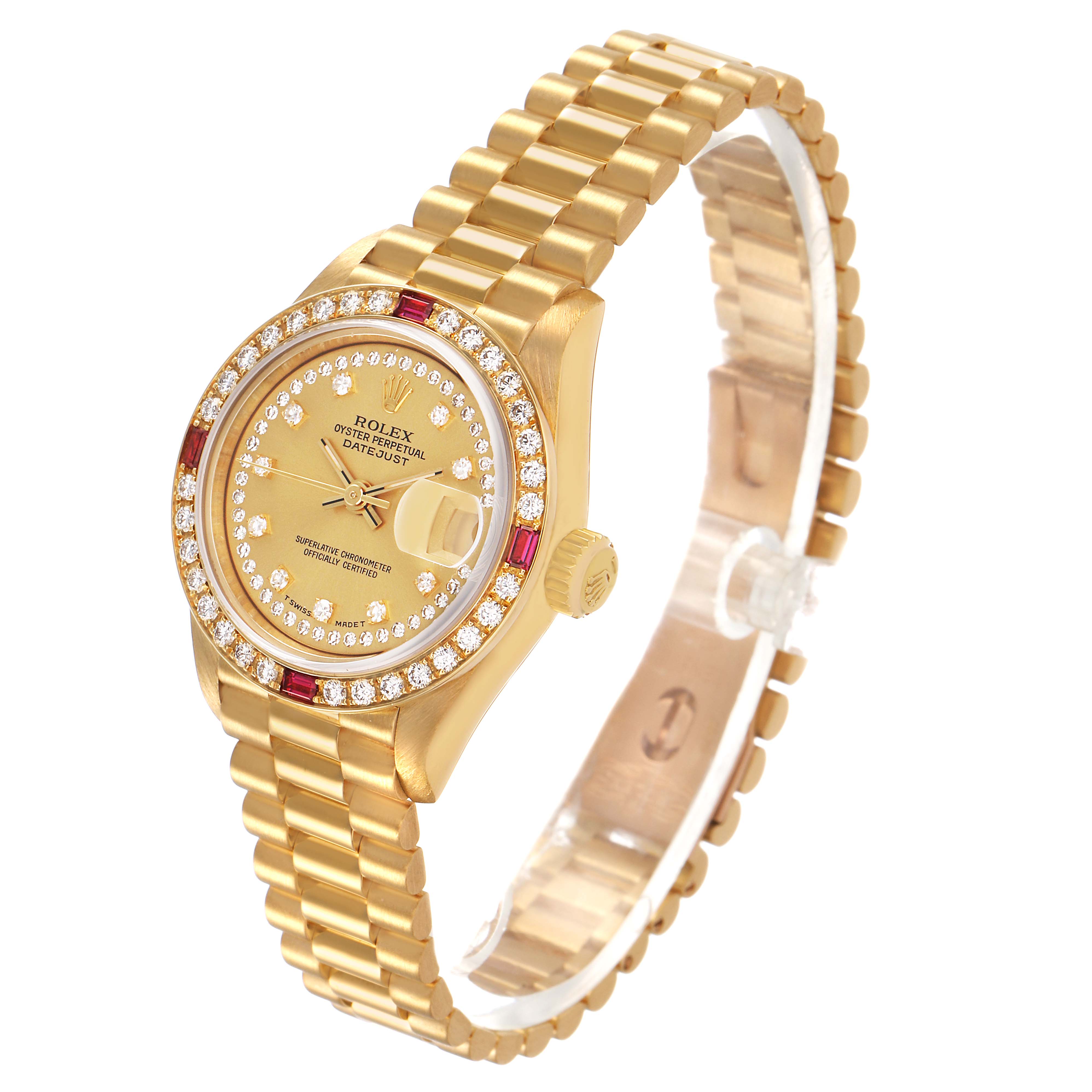 The Rolex President 69068 Women's Yellow Gold Champagne Dial model is shown at a slight angle, displaying its dial, bezel, crown, and bracelet.