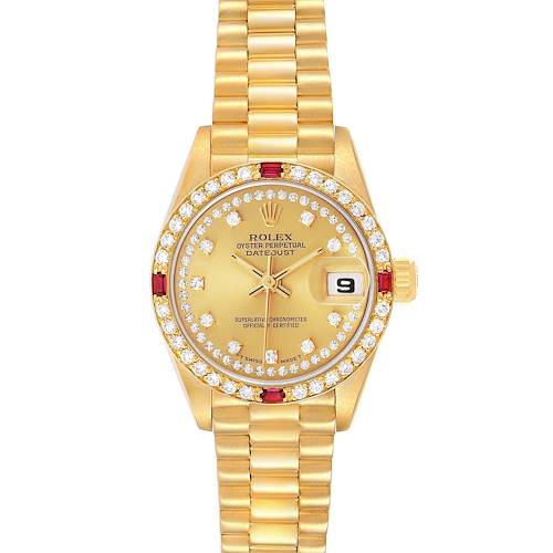The Rolex President 69068 Women's Yellow Gold Champagne Dial model is shown from a top-down angle, highlighting its diamond-studded bezel and gold bracelet.