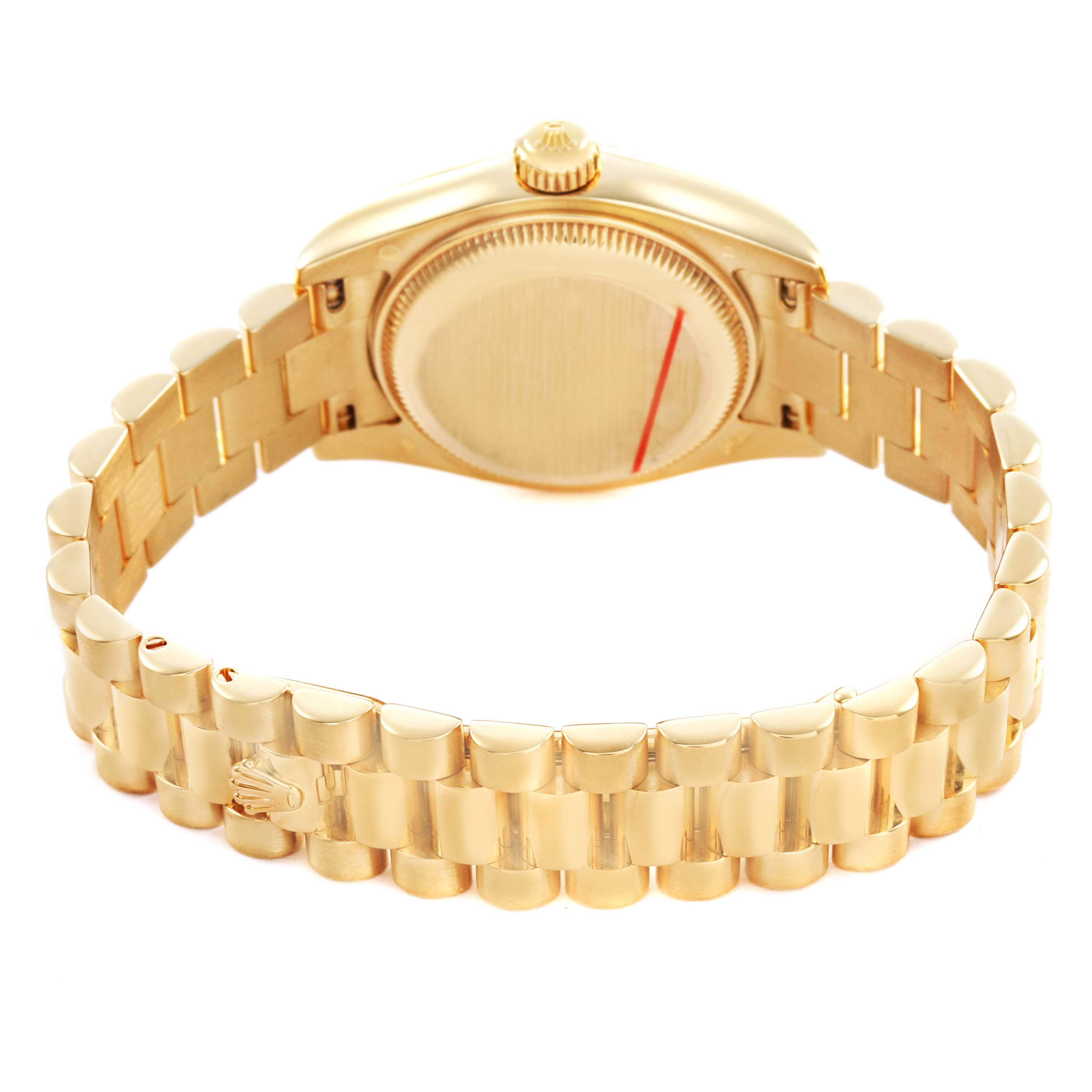 The image shows the back of a Rolex President 179178 Men's Yellow Gold Mother of Pearl Dial model, focusing on the bracelet and case back.