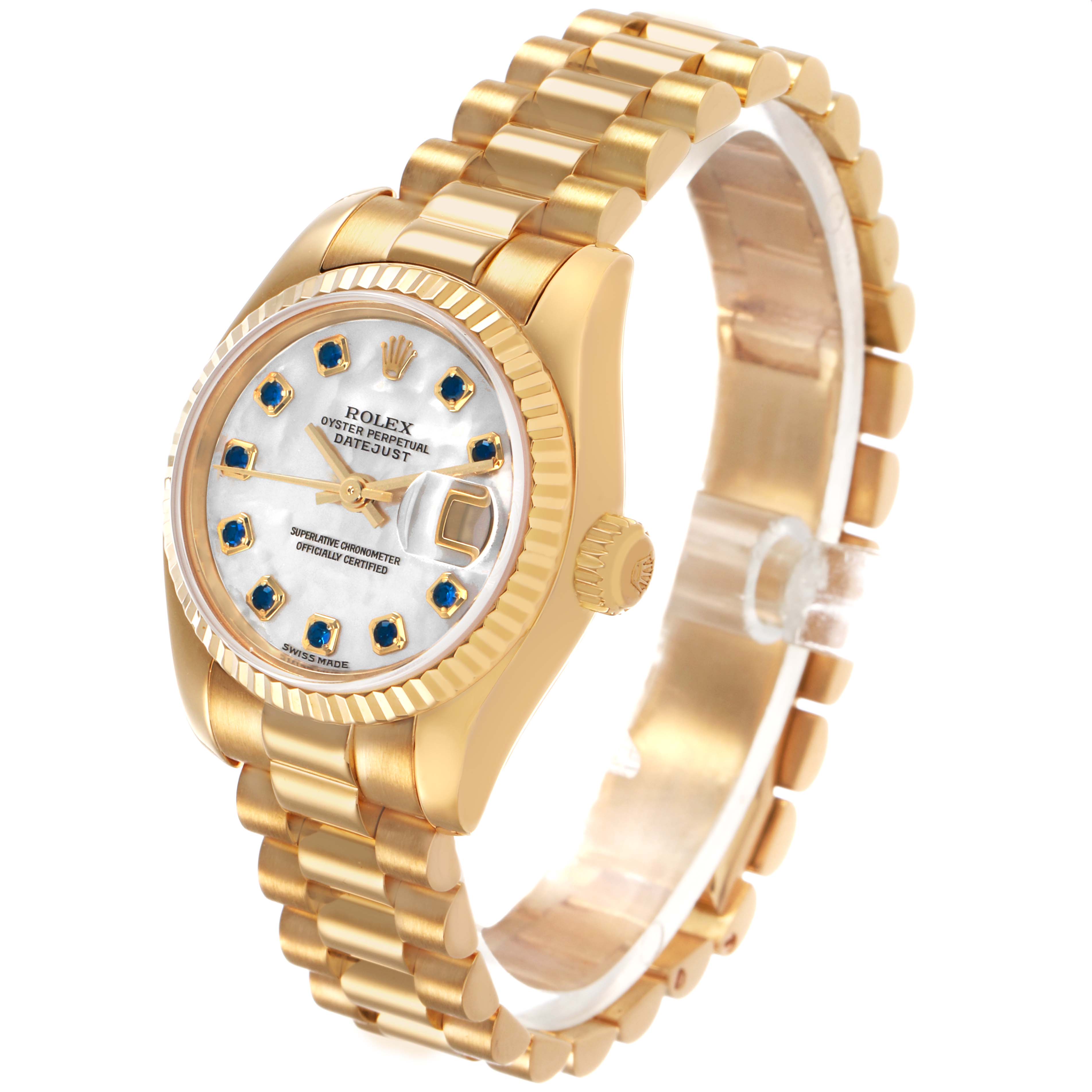The Rolex President 179178 Men's Yellow Gold Mother of Pearl Dial model watch is shown at a three-quarter angle, highlighting the dial, bezel, crown, and bracelet.