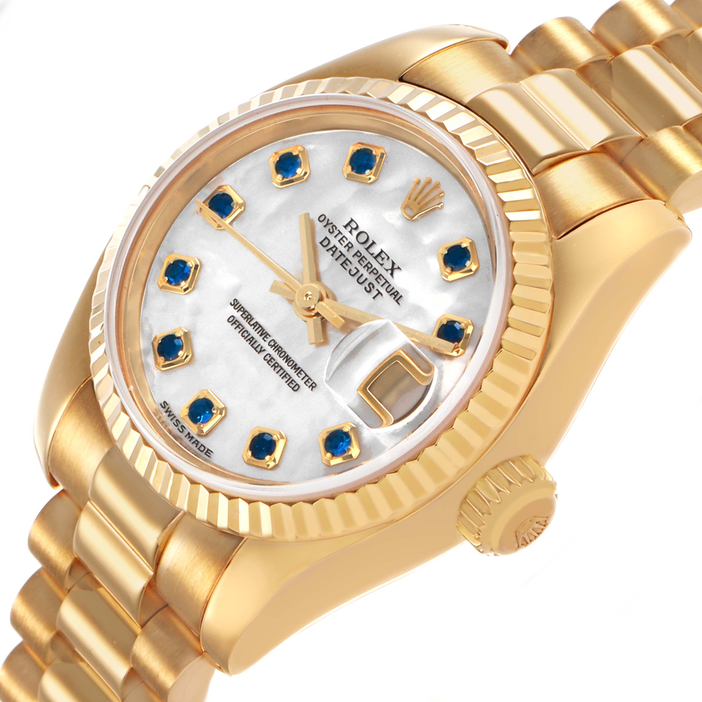 The image shows a Rolex President 179178 Men's Yellow Gold Mother of Pearl Dial model watch at an angled side view, highlighting the case, dial, bezel, and part of the bracelet.