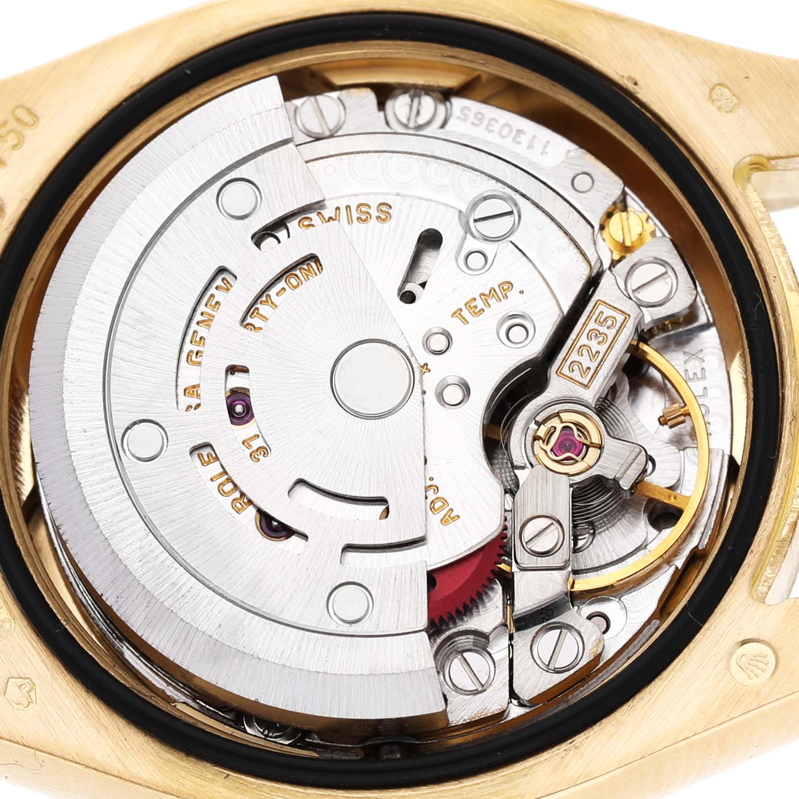 The image shows the internal mechanical movement of the Rolex President 179178 Men's Yellow Gold Mother of Pearl Dial model watch, displayed from a top-down angle.