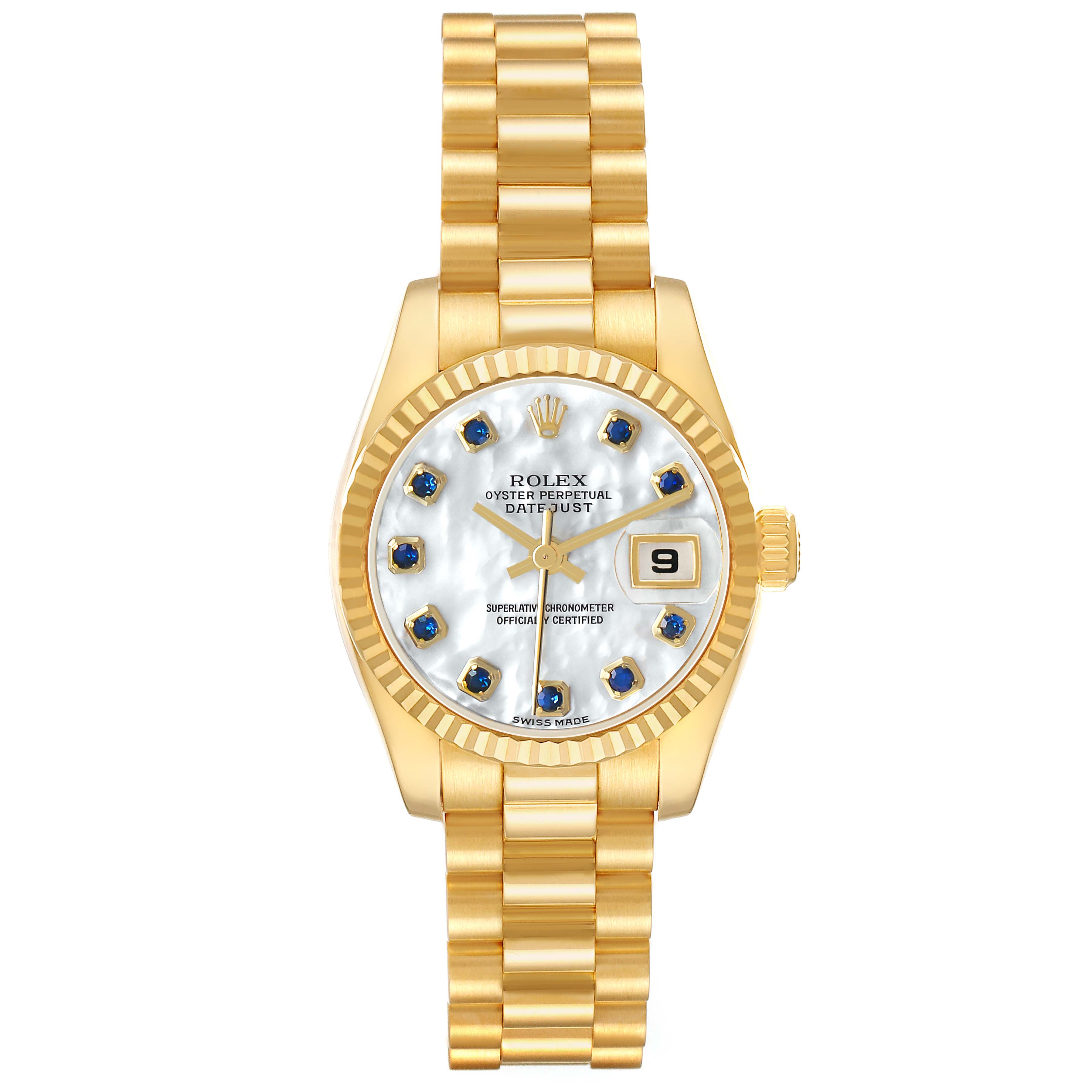 The Rolex President 179178 Men's Yellow Gold Mother of Pearl Dial model watch is shown from a top-down angle, highlighting its gold case, bracelet, and detailed dial with date display.